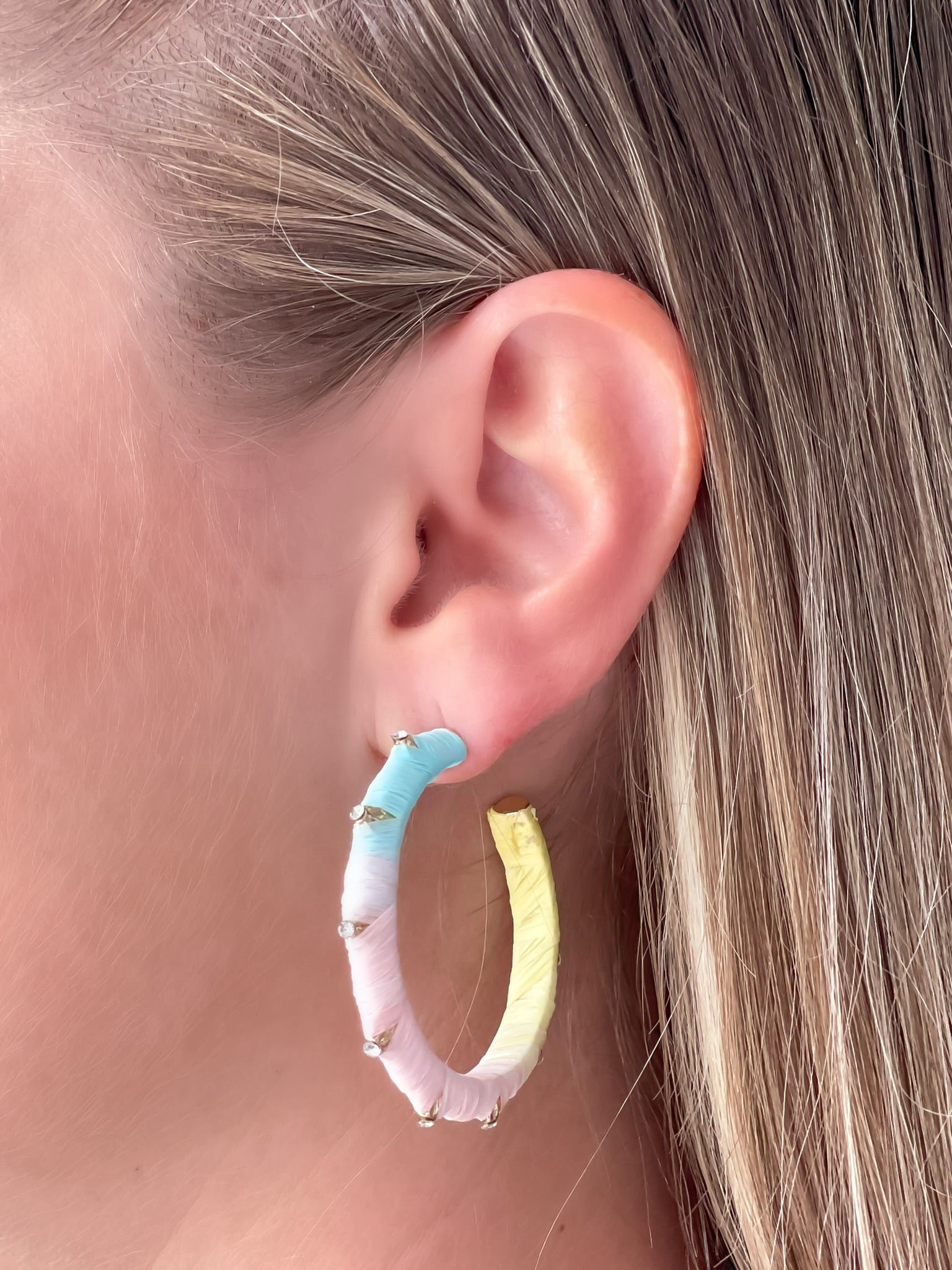 Raffia Wrapped Rhinestone Hoop Earrings - Pastel