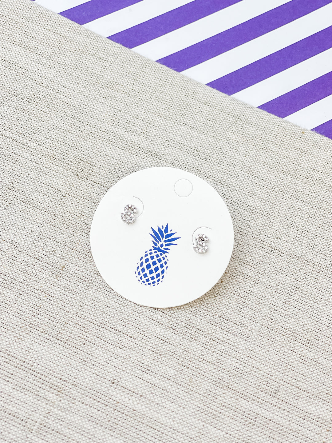 Cubic Zirconia Initial Stud Earrings - White Gold