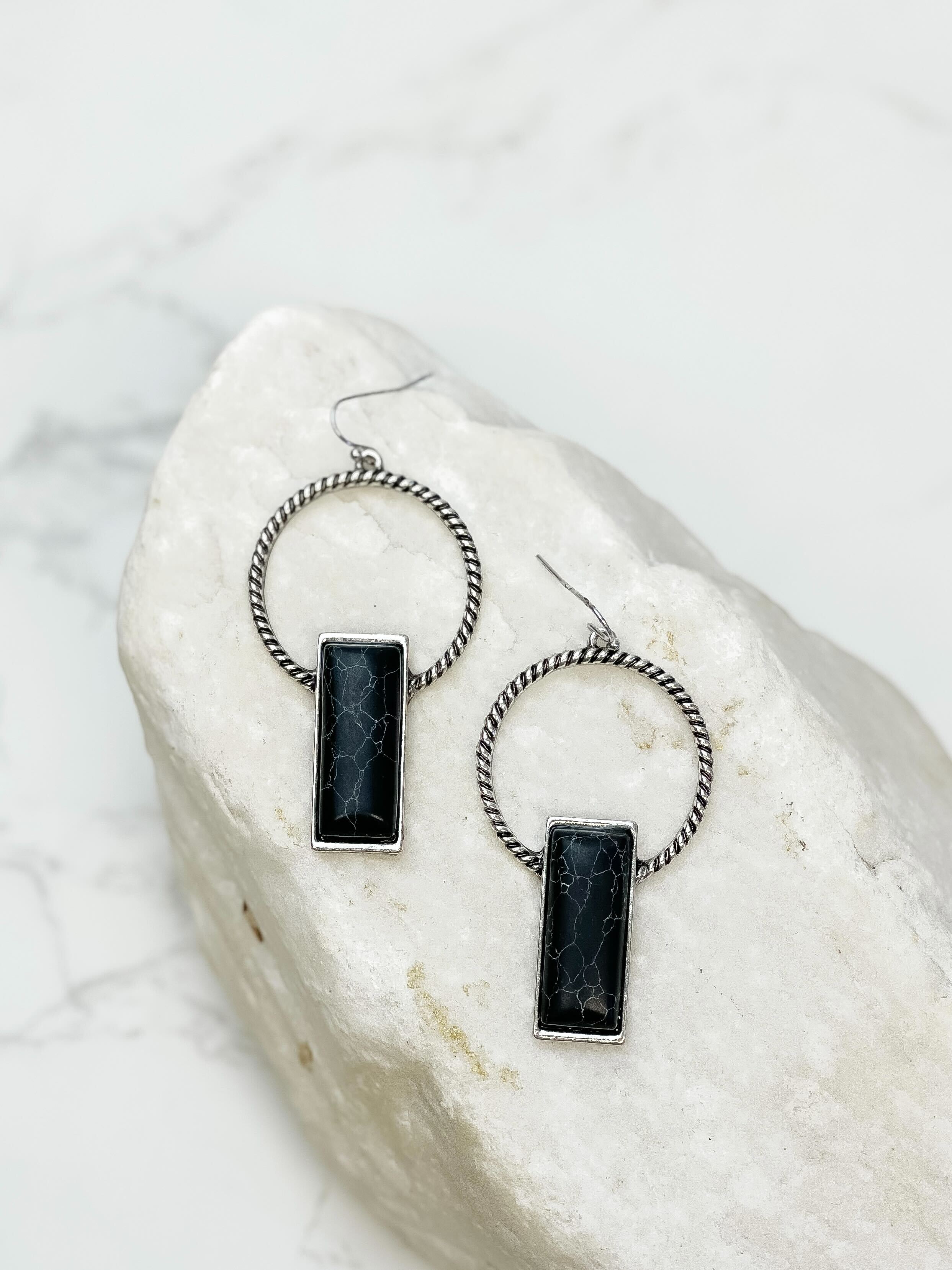 Twisted Hoop & Black Stone Dangle Earrings