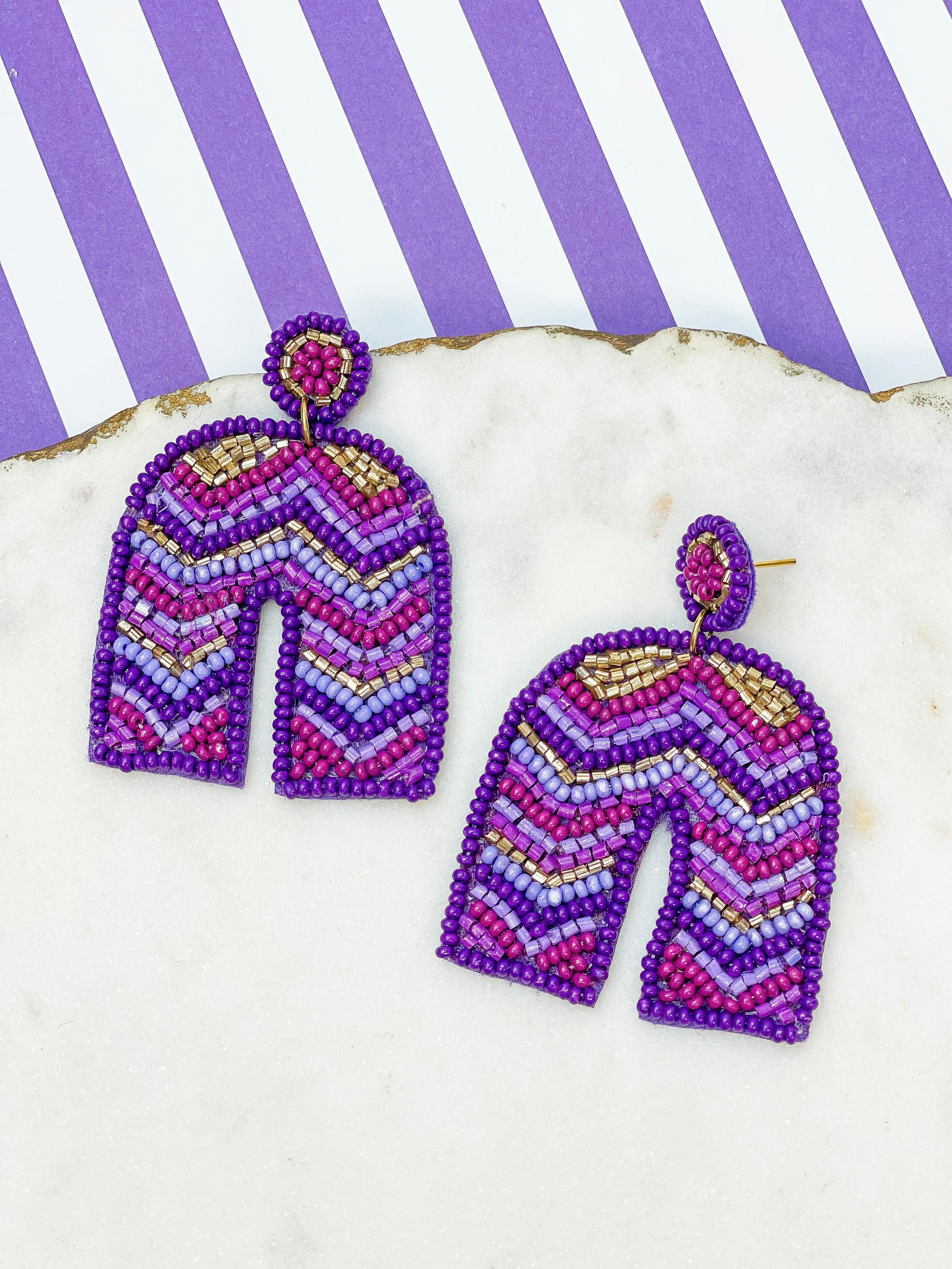 Striped Beaded Horseshoe Dangle Earrings - Purple