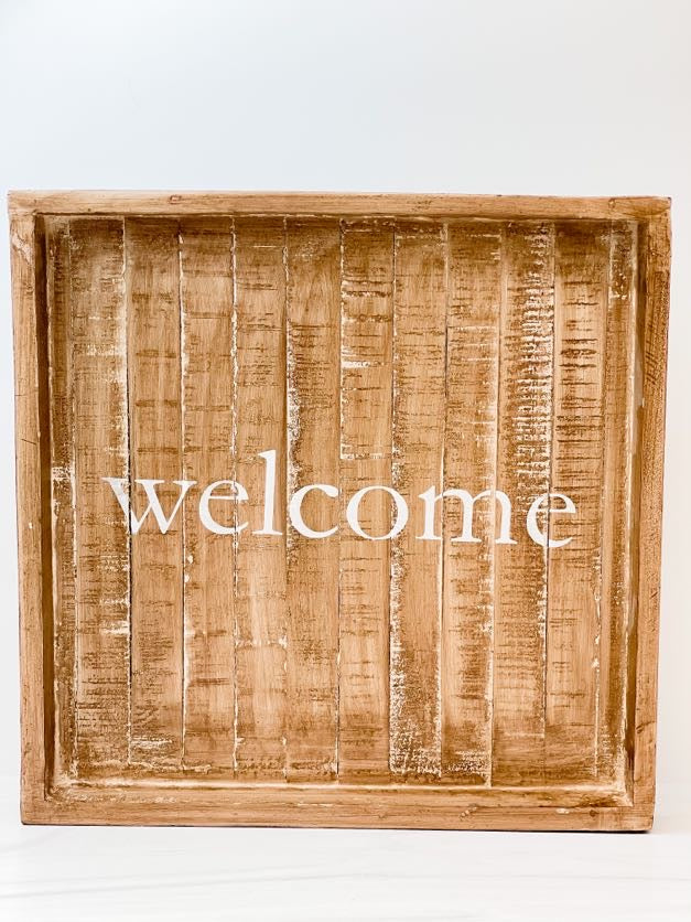 'Welcome' Distressed Wood Slat Tray by Mud Pie
