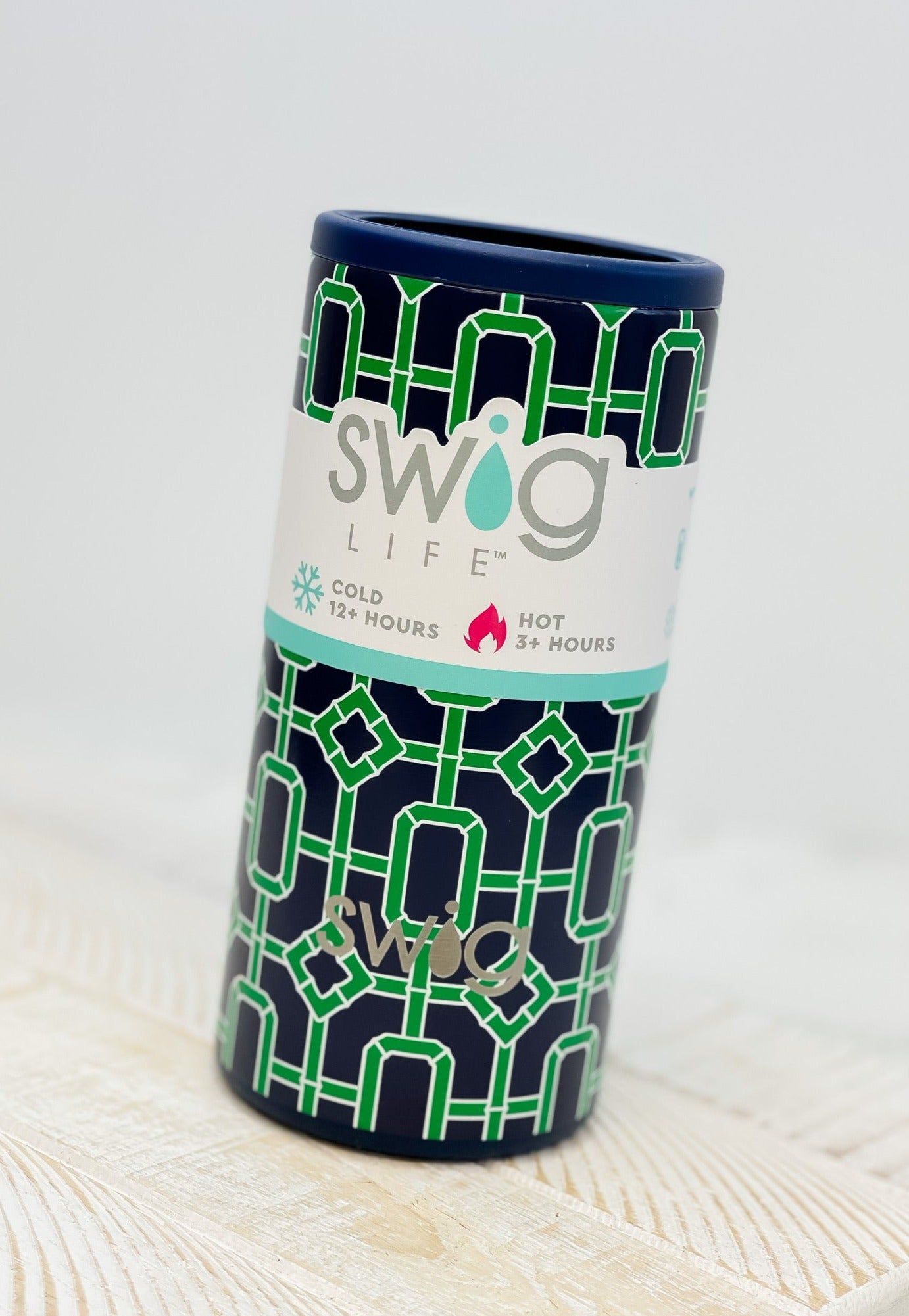 Navy Bamboo Trellis 12 oz Skinny Can Cooler by Swig