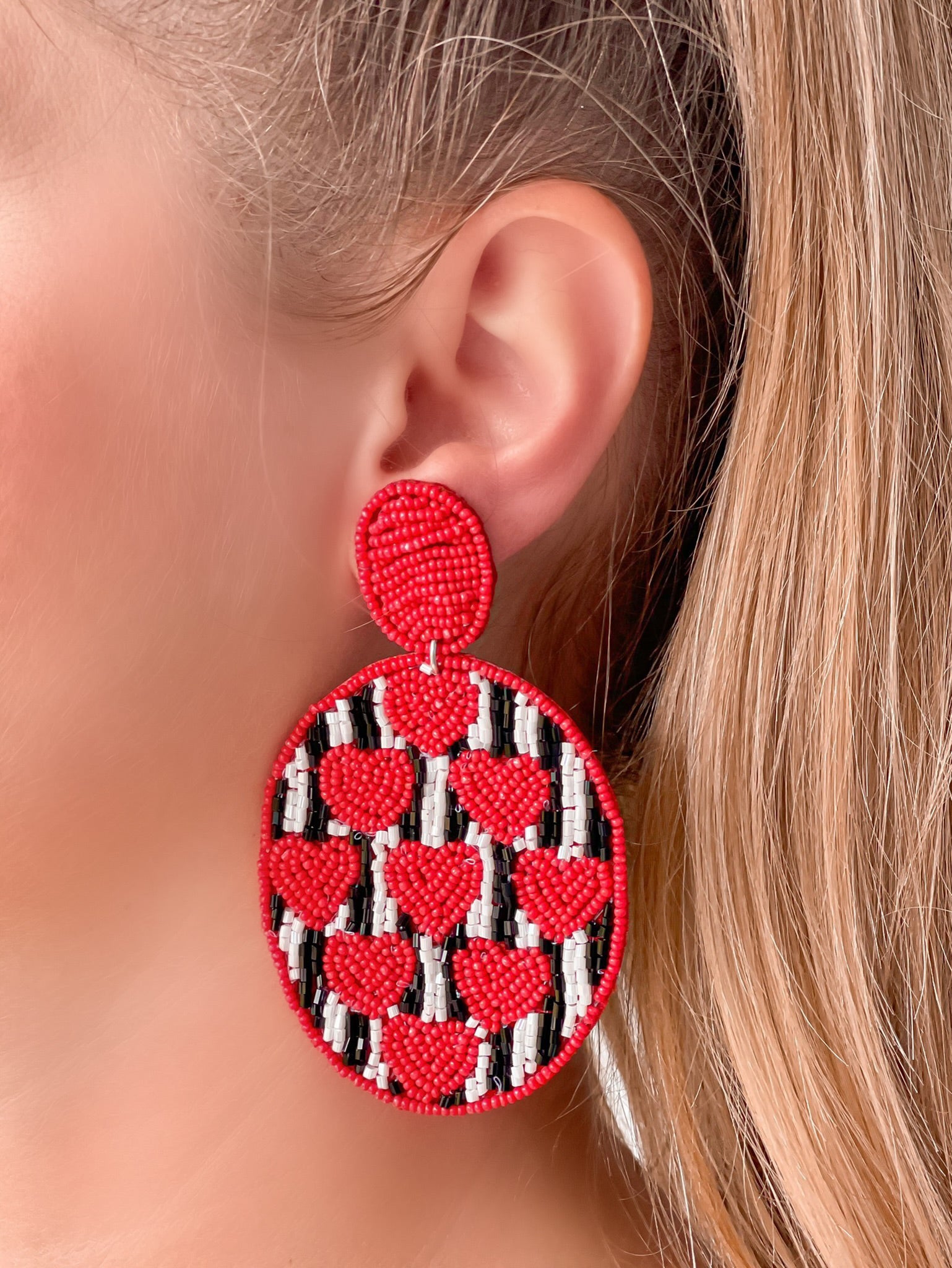 Striped Beaded Heart Dangle Earrings