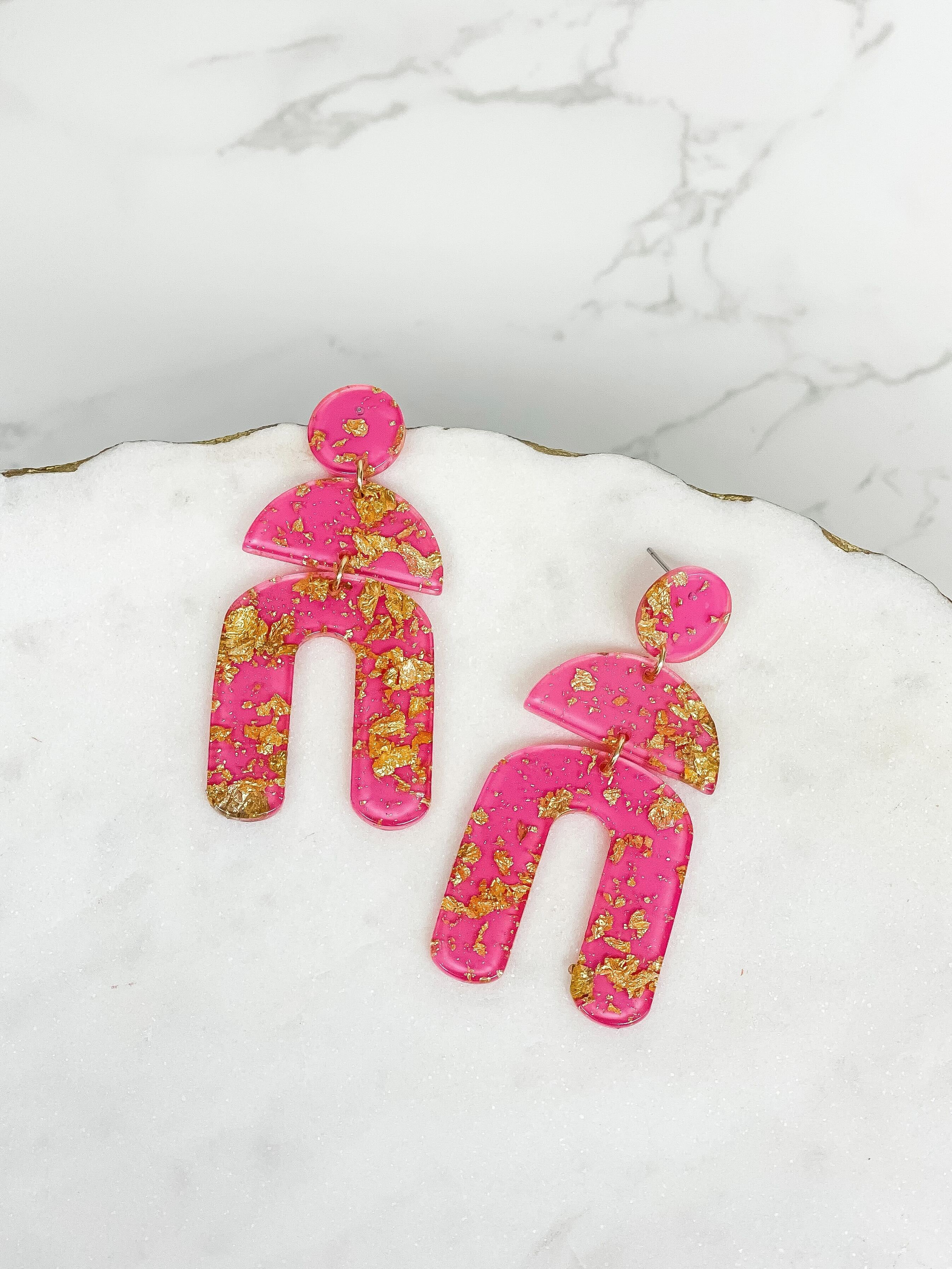 Tiered Geometric Arch Gold Foil Dangle Earrings - Pink