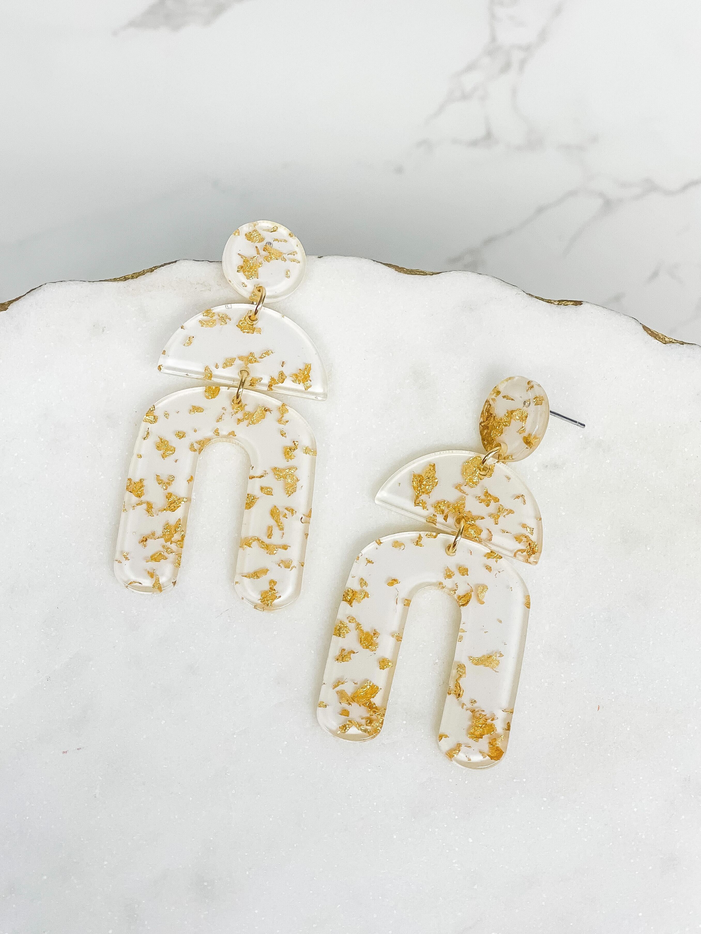 Tiered Geometric Arch Gold Foil Dangle Earrings - White