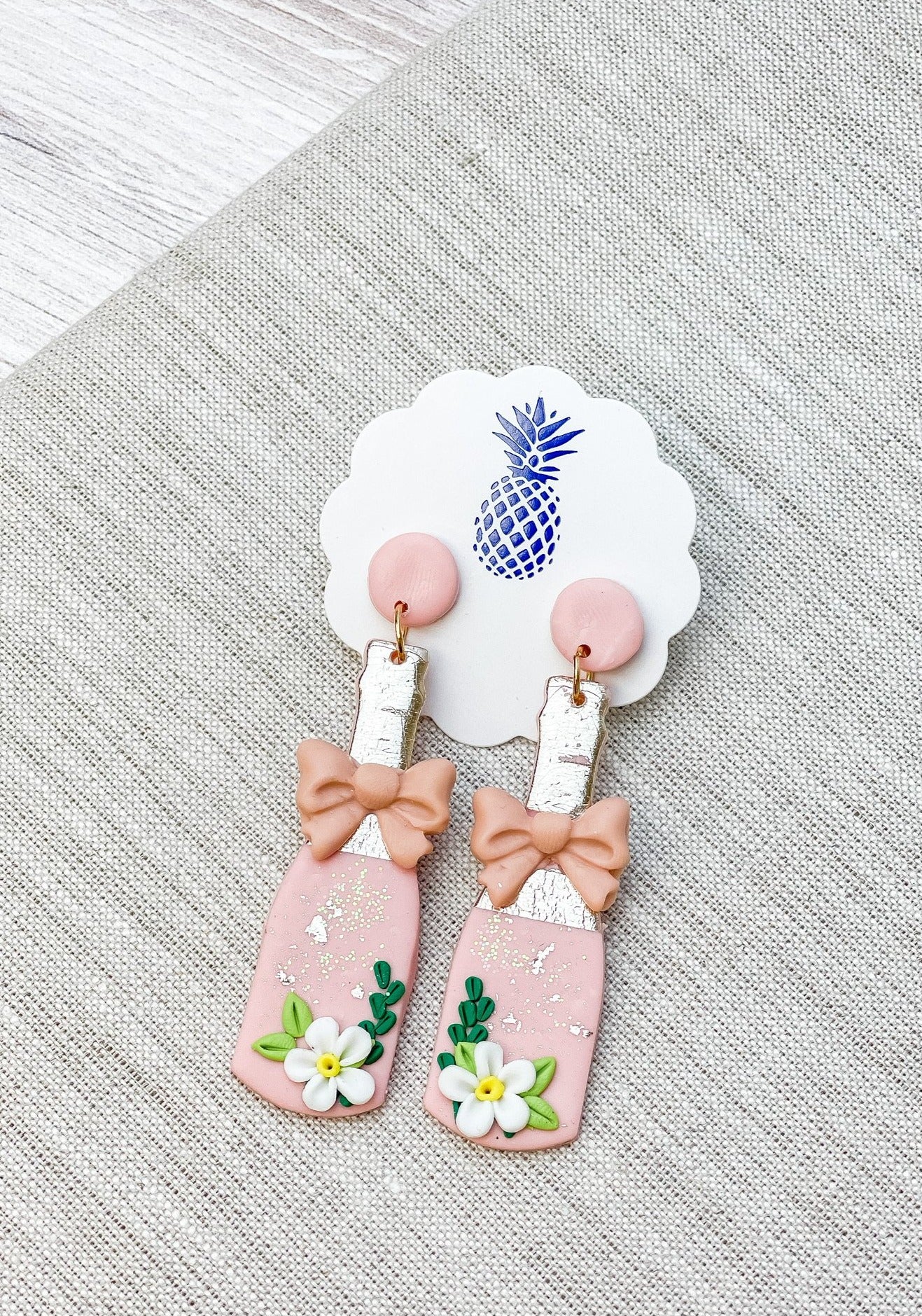 Pink Floral Champagne Clay Earrings