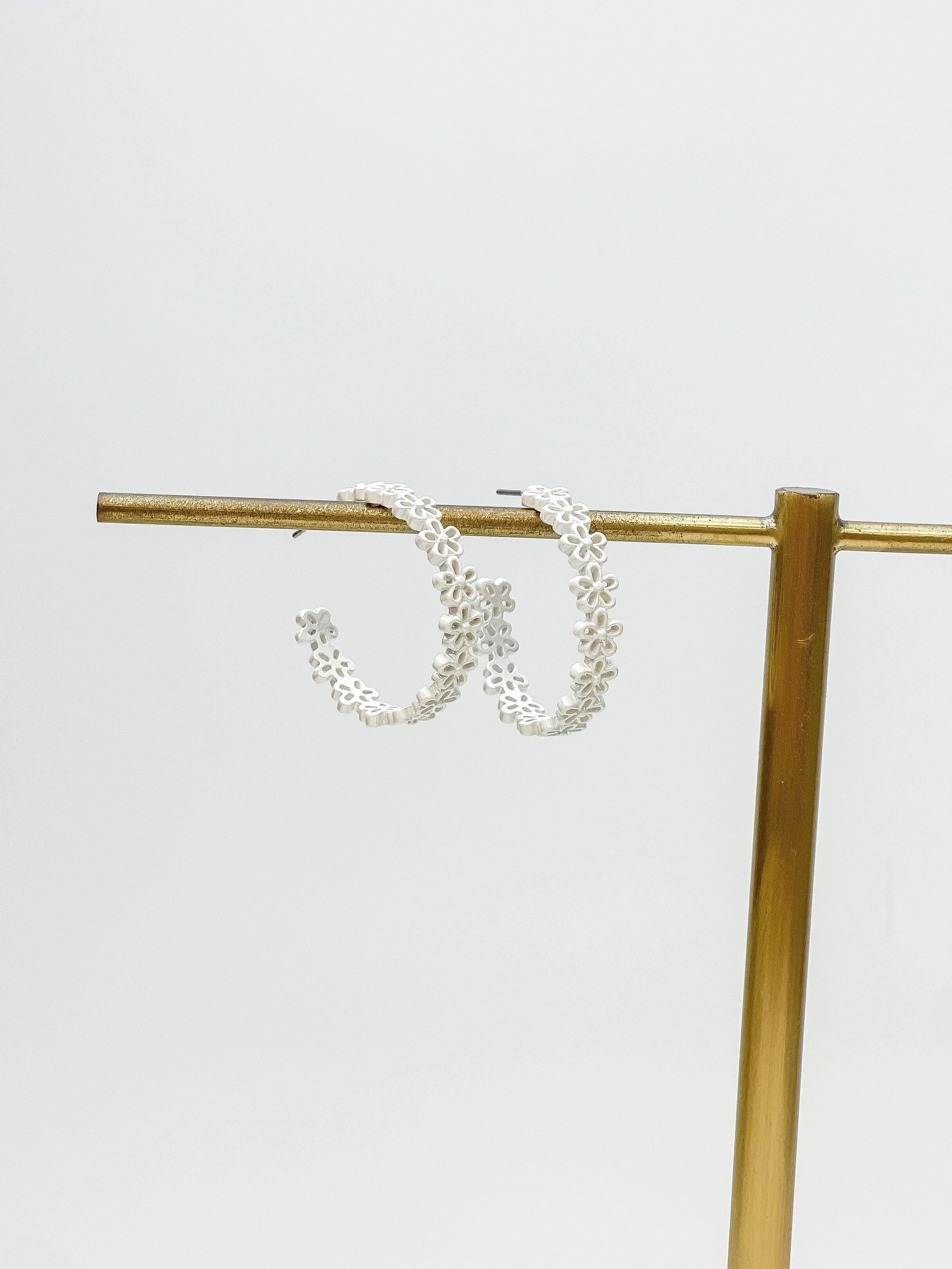 Textured Metal Flower Hoop Earrings - White