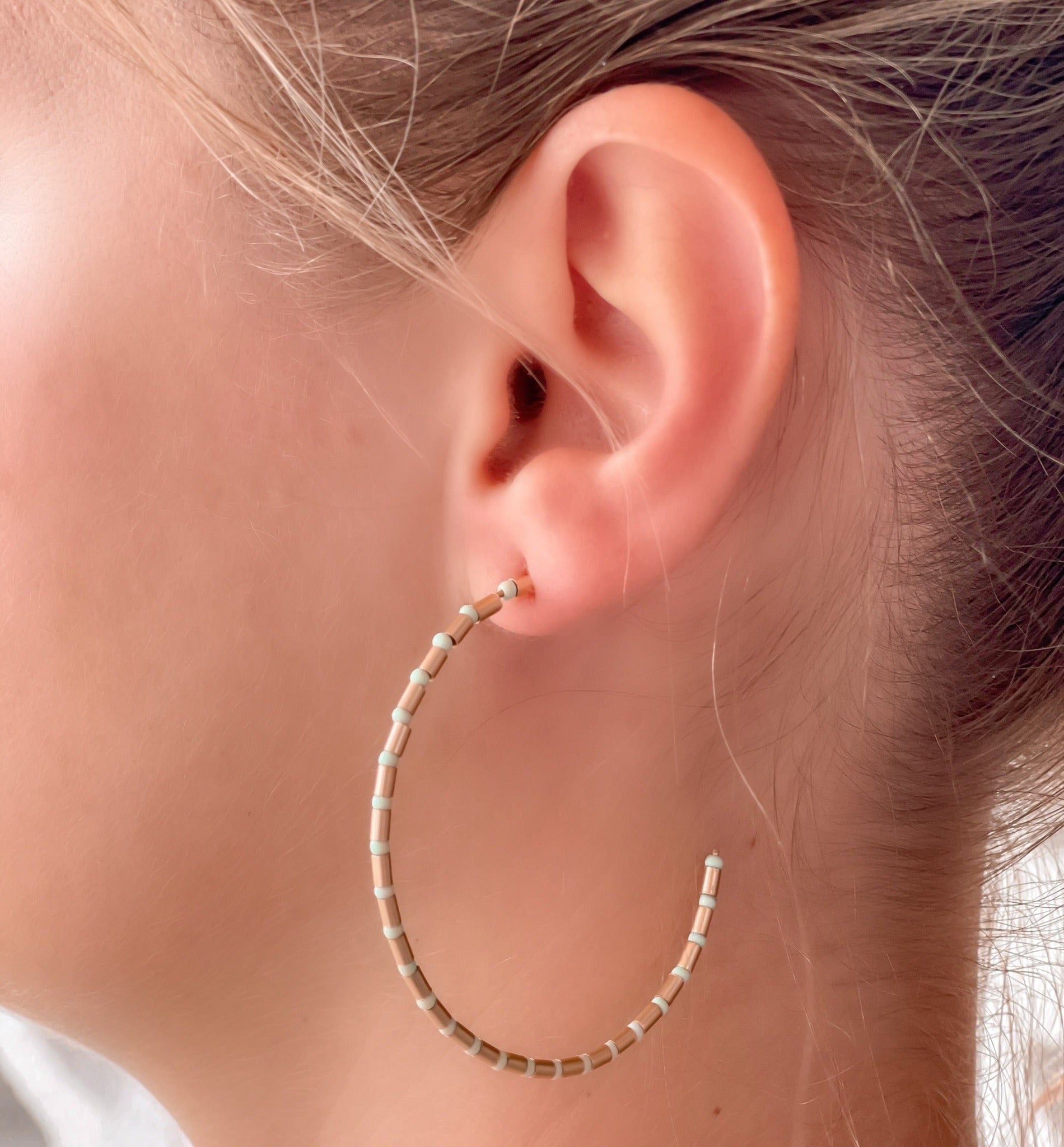 Gold Beaded Skinny Hoop Earrings - Mint