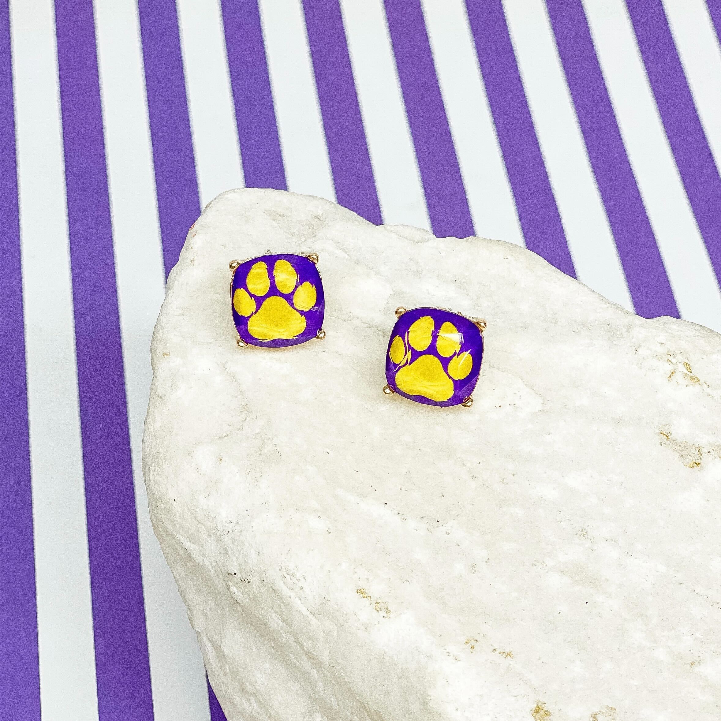 Game Day Paw Print Printed Stud Earrings - Yellow