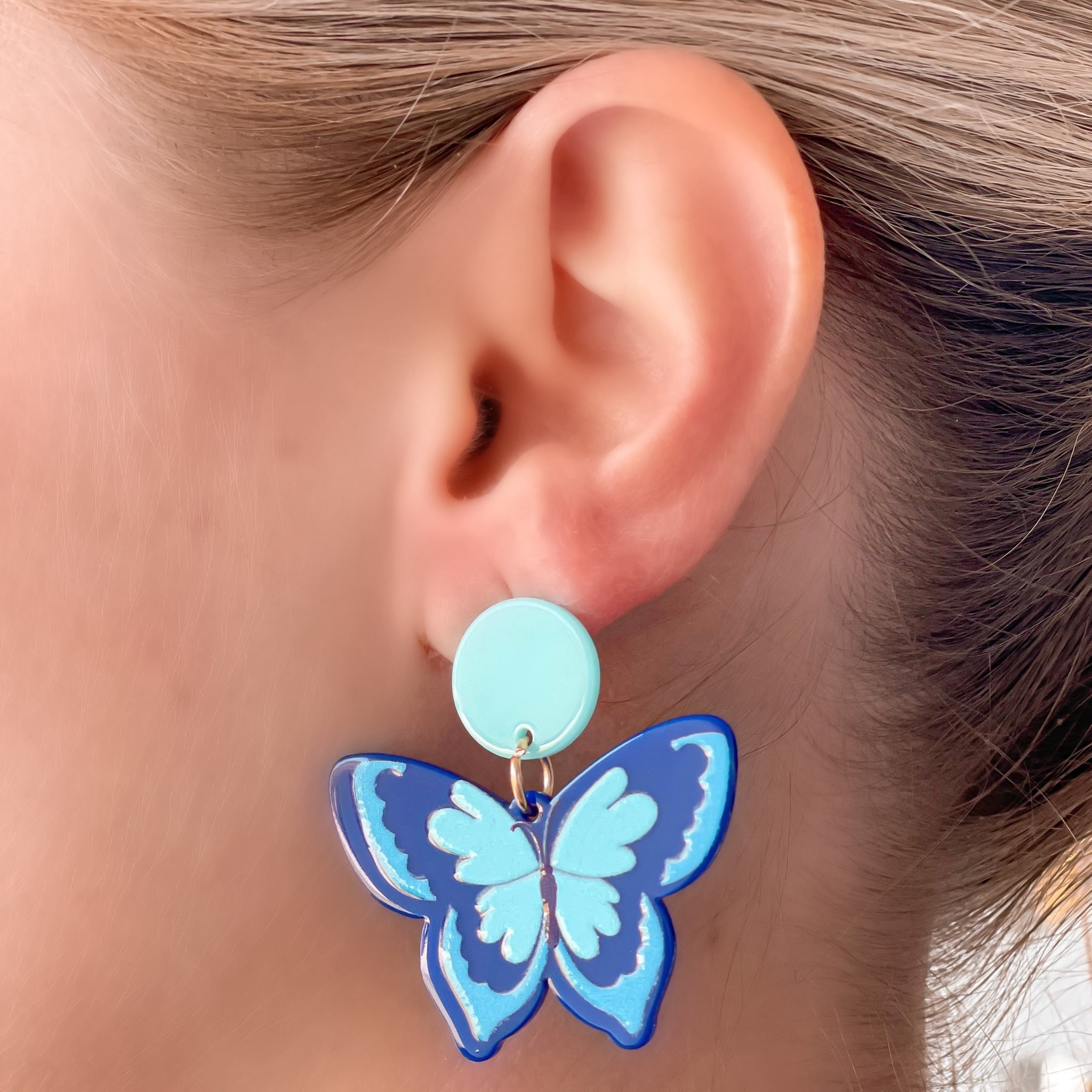 Acrylic Butterfly Dangle Earrings - Blue