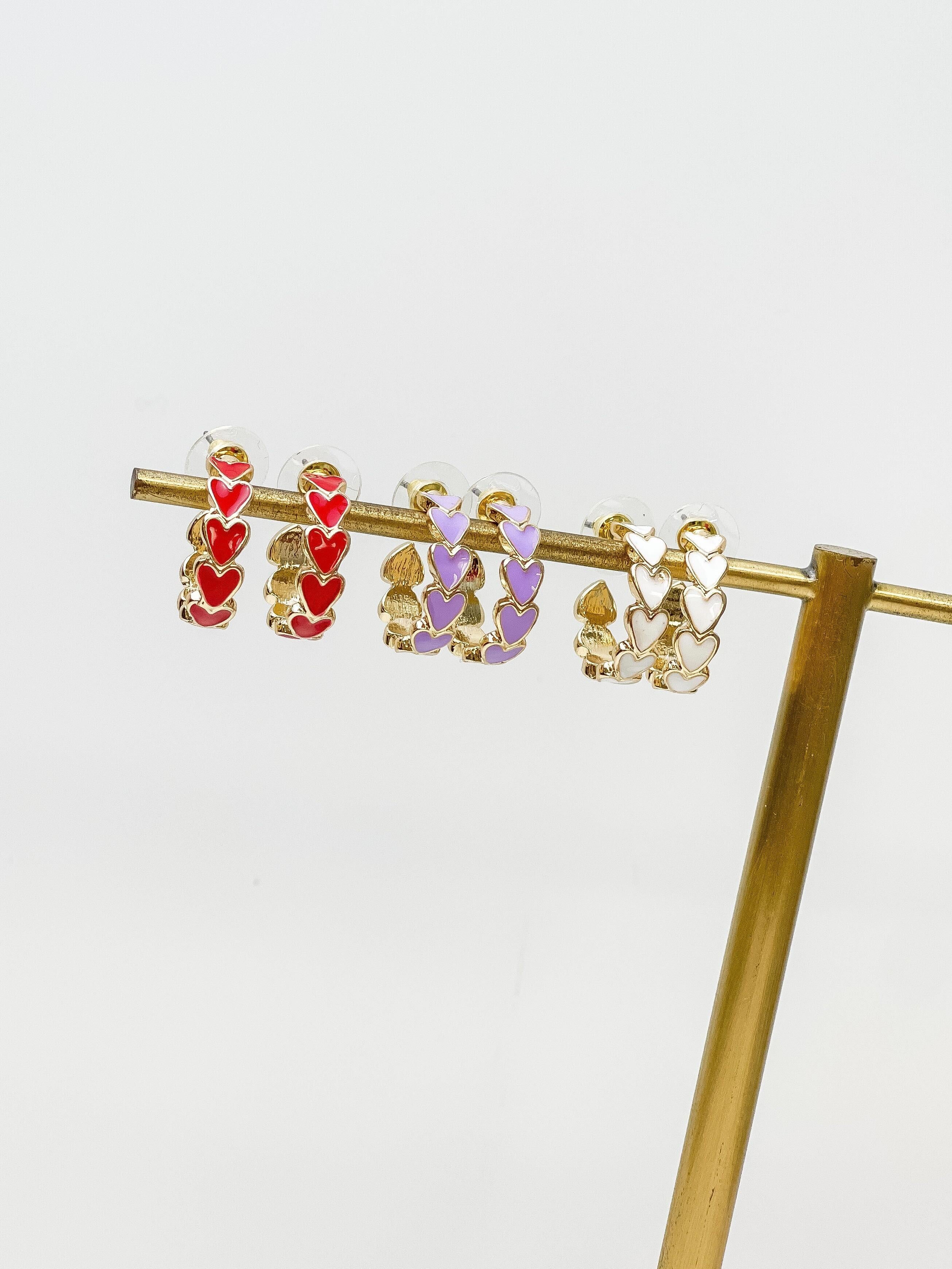 Gold & Enamel Heart Hoop Earrings - Red