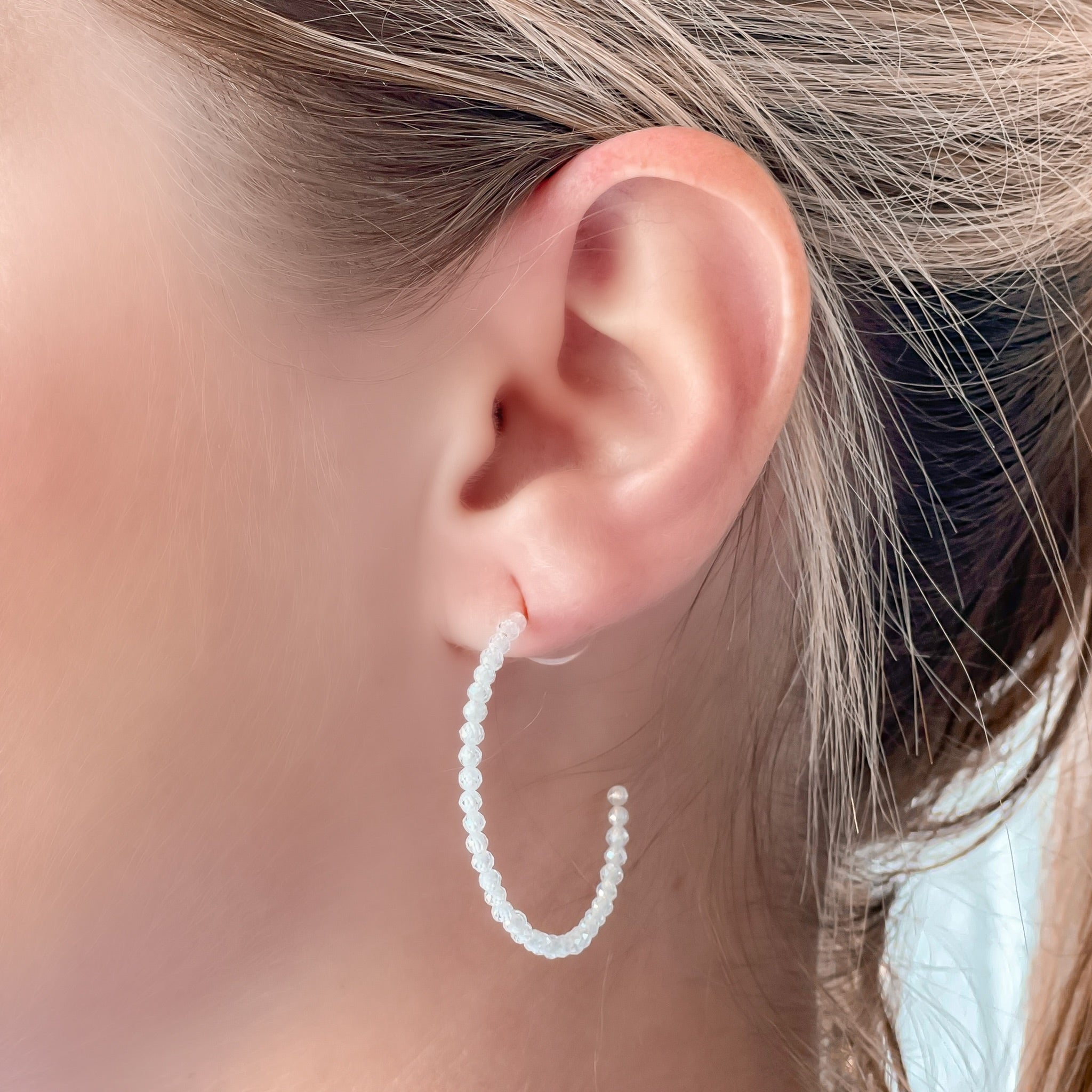 Cubic Zirconia Beaded Hoop Earrings - White