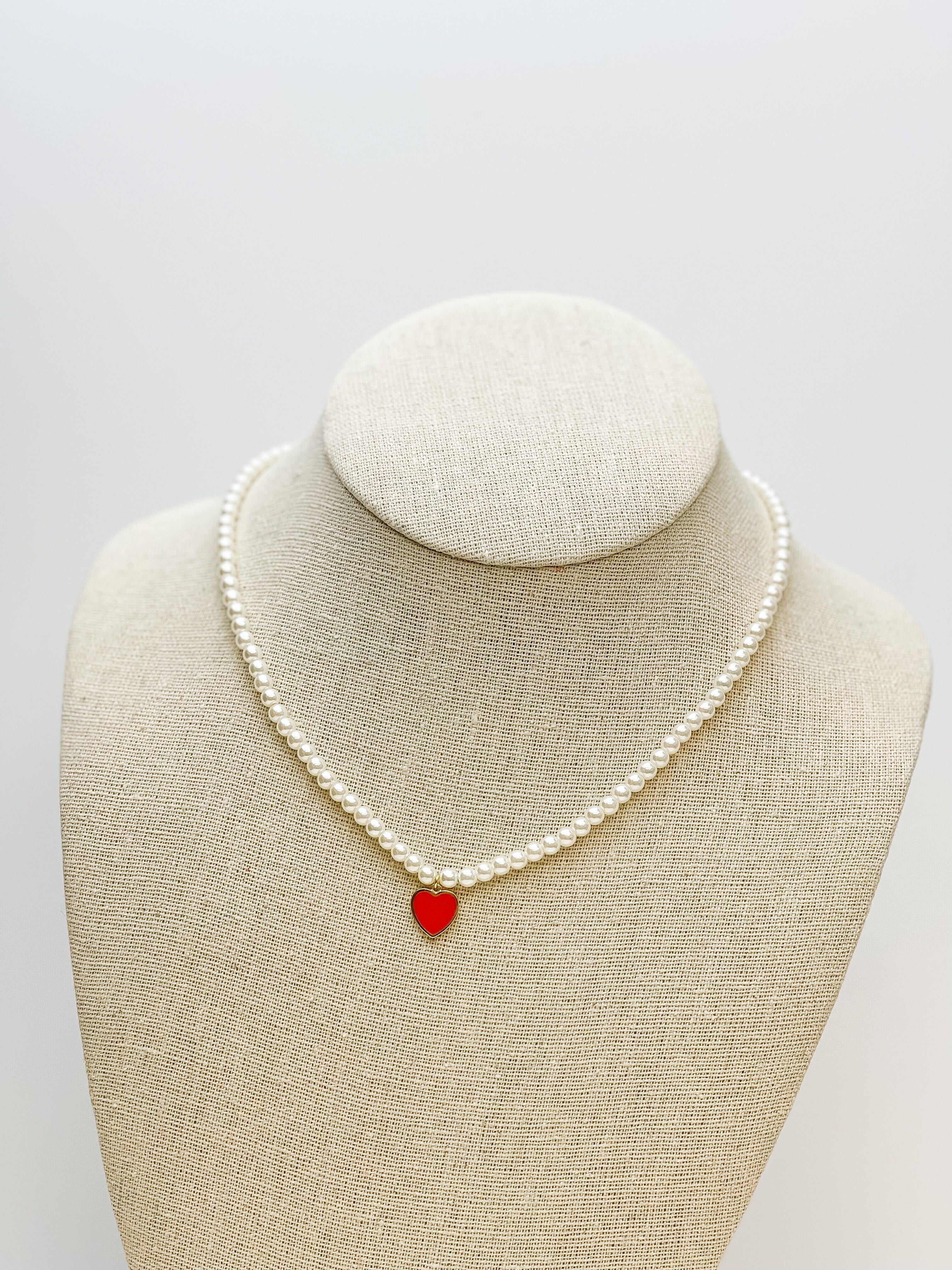 Pearl Bead Heart Charm Necklace - Red