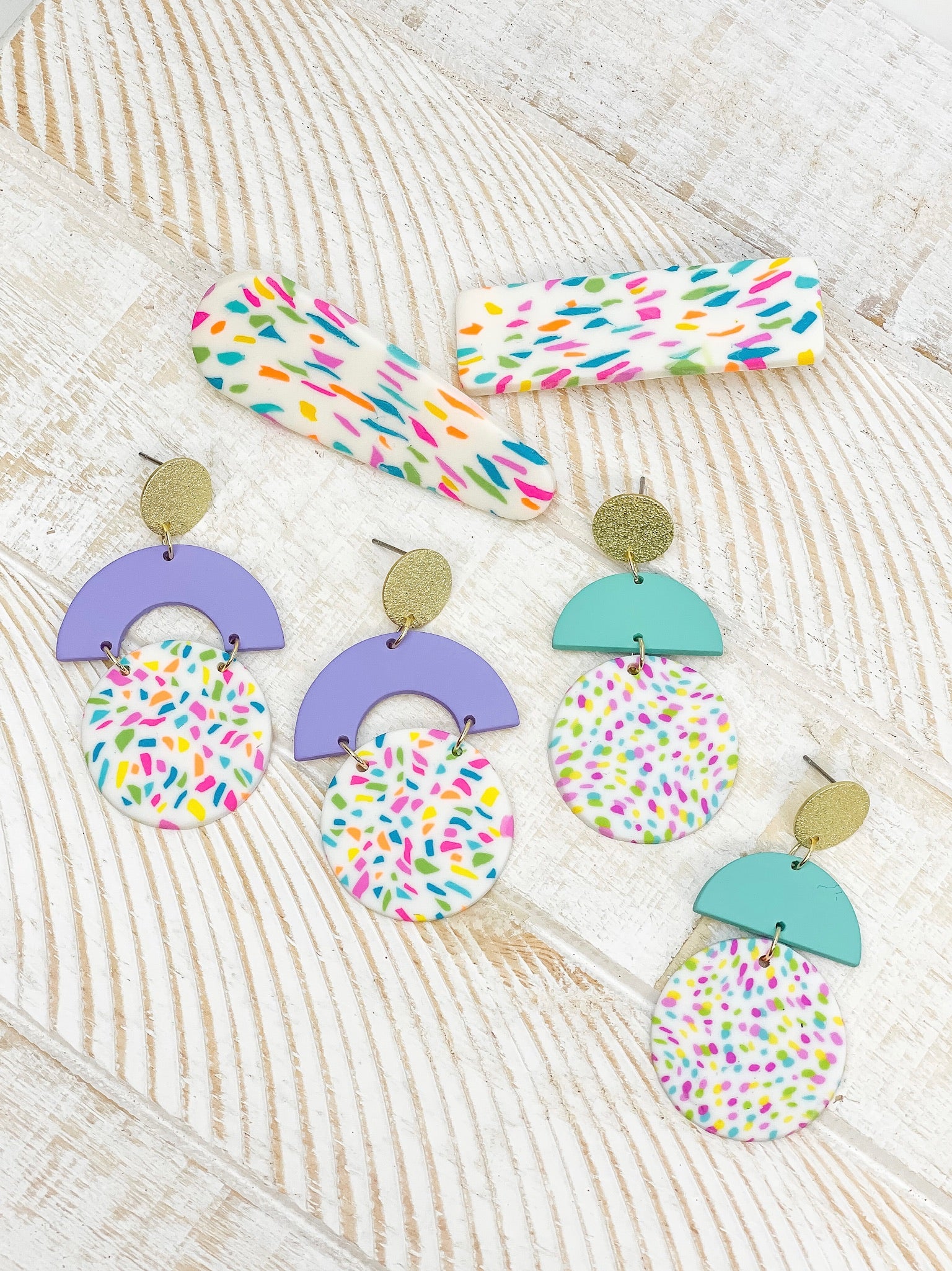 Geometric Circle Clay Dangle Earrings - Rainbow Confetti & Lavender