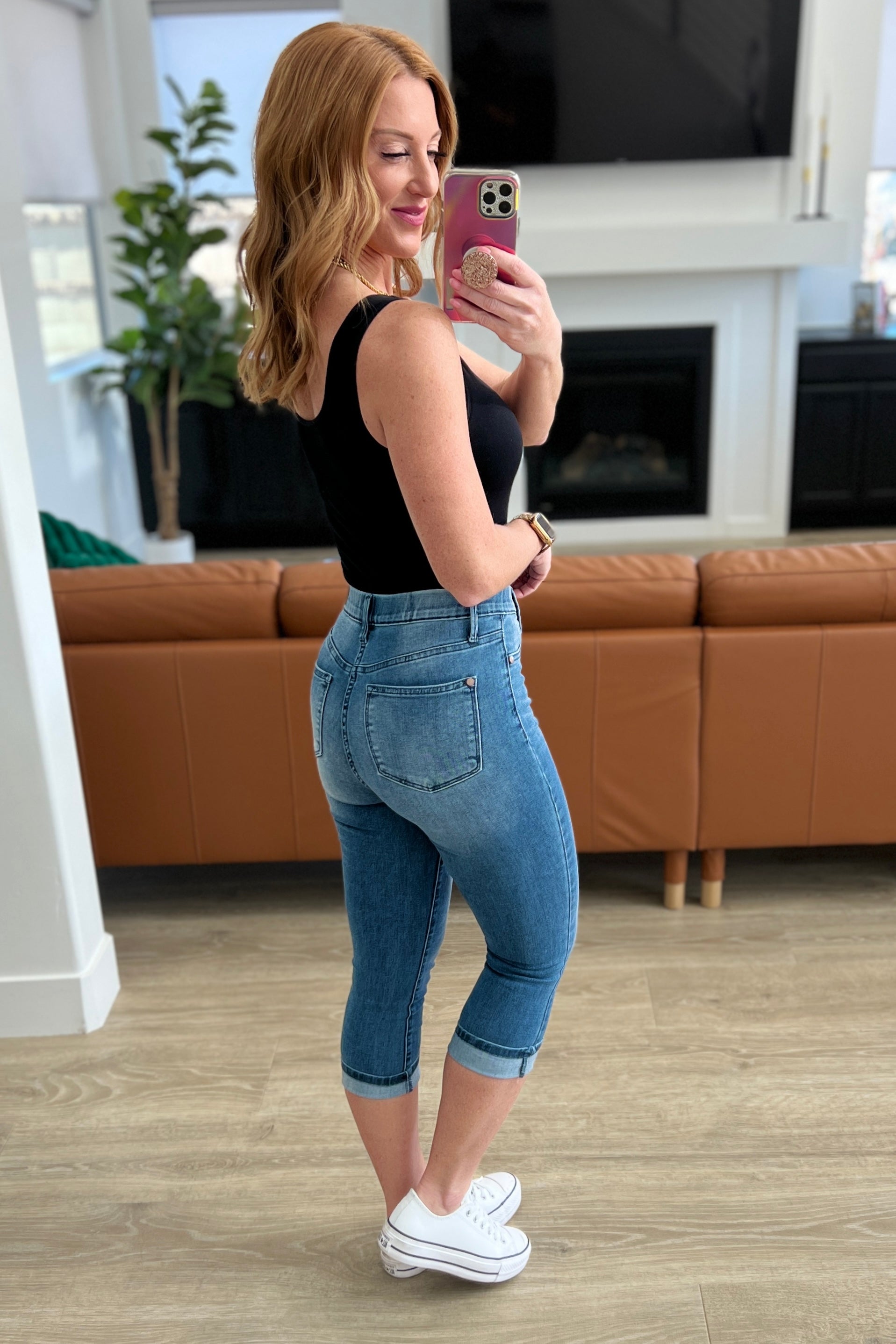Emily High Rise Cool Denim Pull On Capri Jeans by Judy Blue