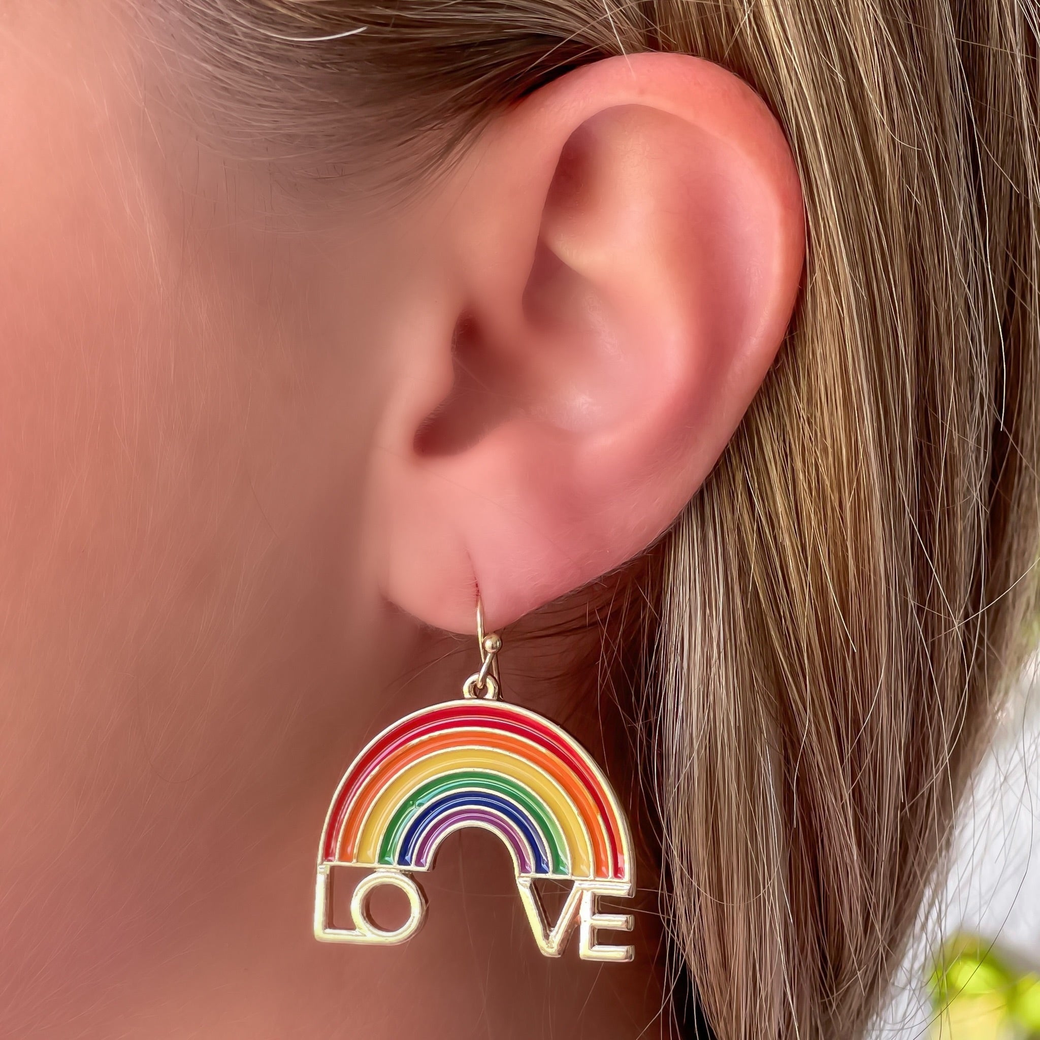 'LOVE' Enamel Rainbow Dangle Earrings