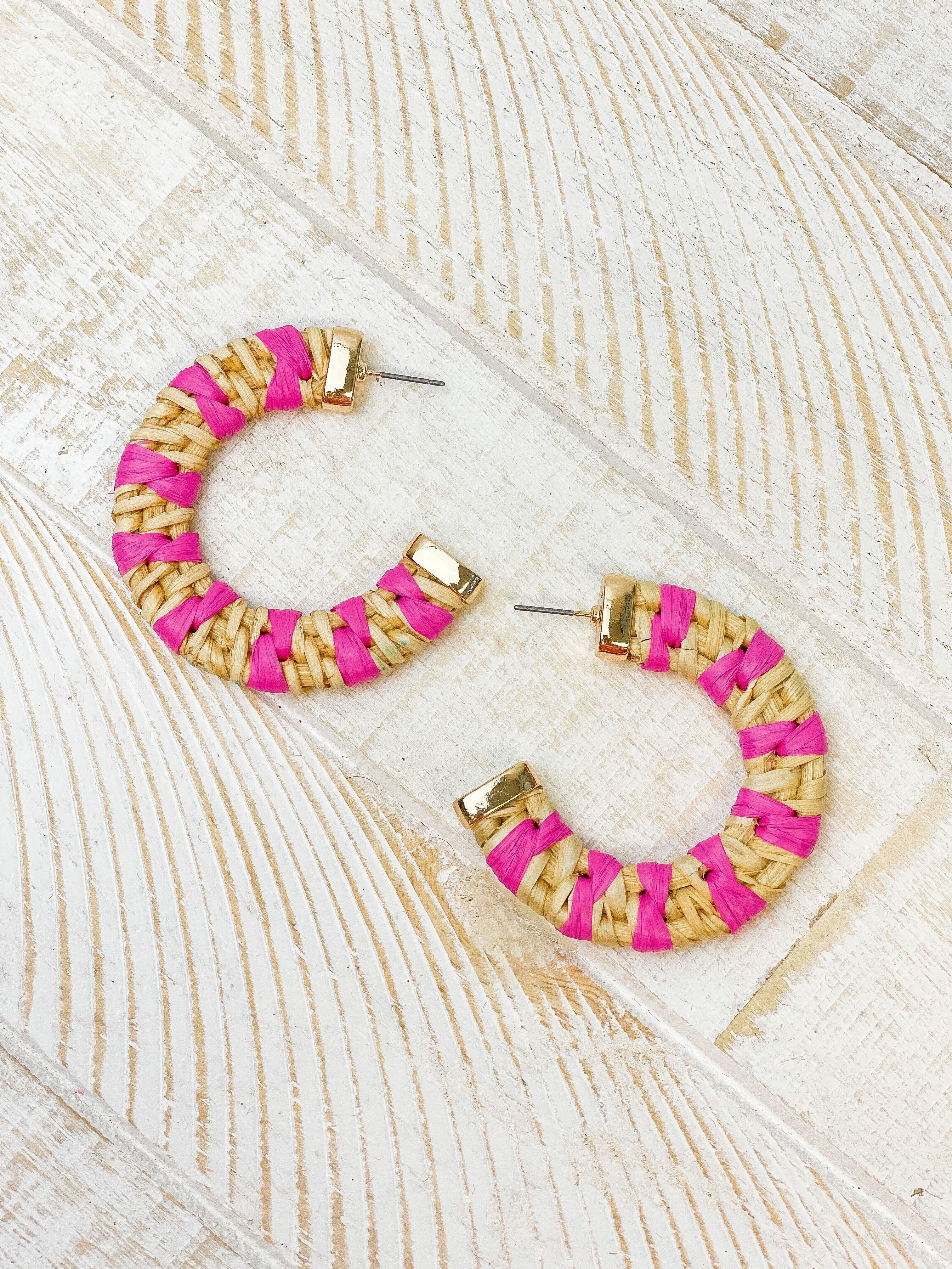 Raffia Striped Hoop Earrings - Pink