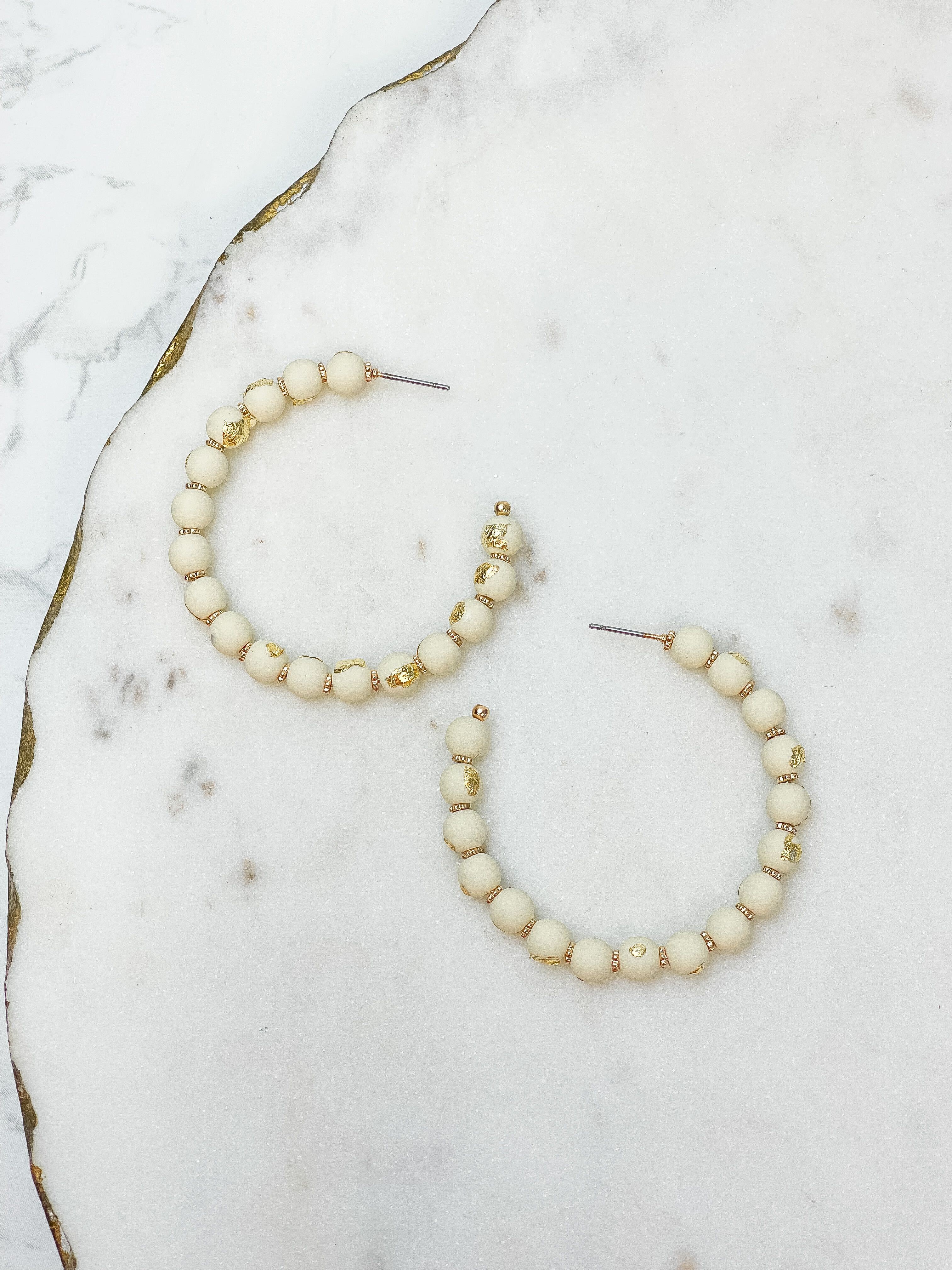Gold-Foiled Beaded Hoop Earrings - Ivory