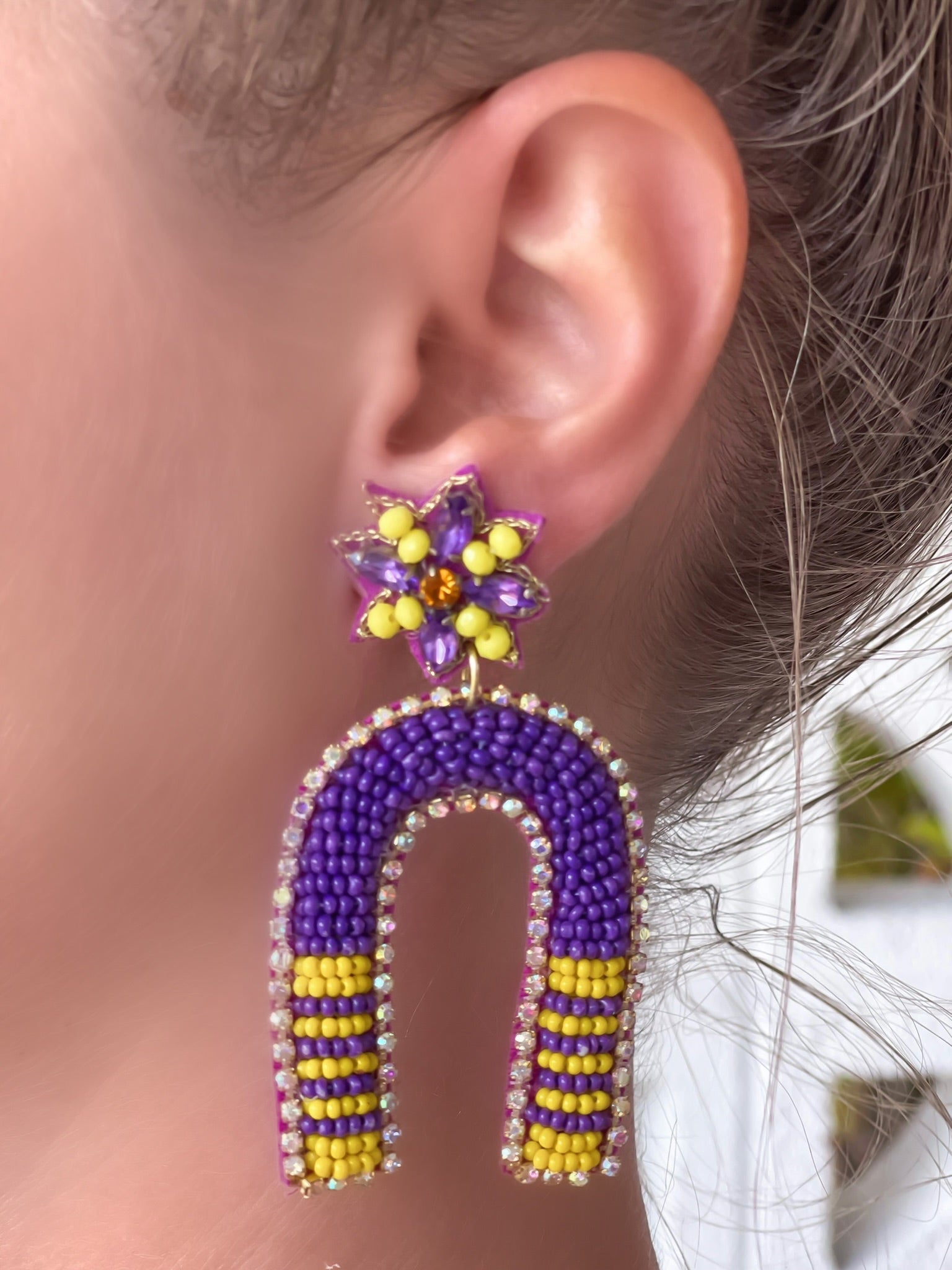 Game Day Beaded Arch Dangle Earrings - Purple & Yellow