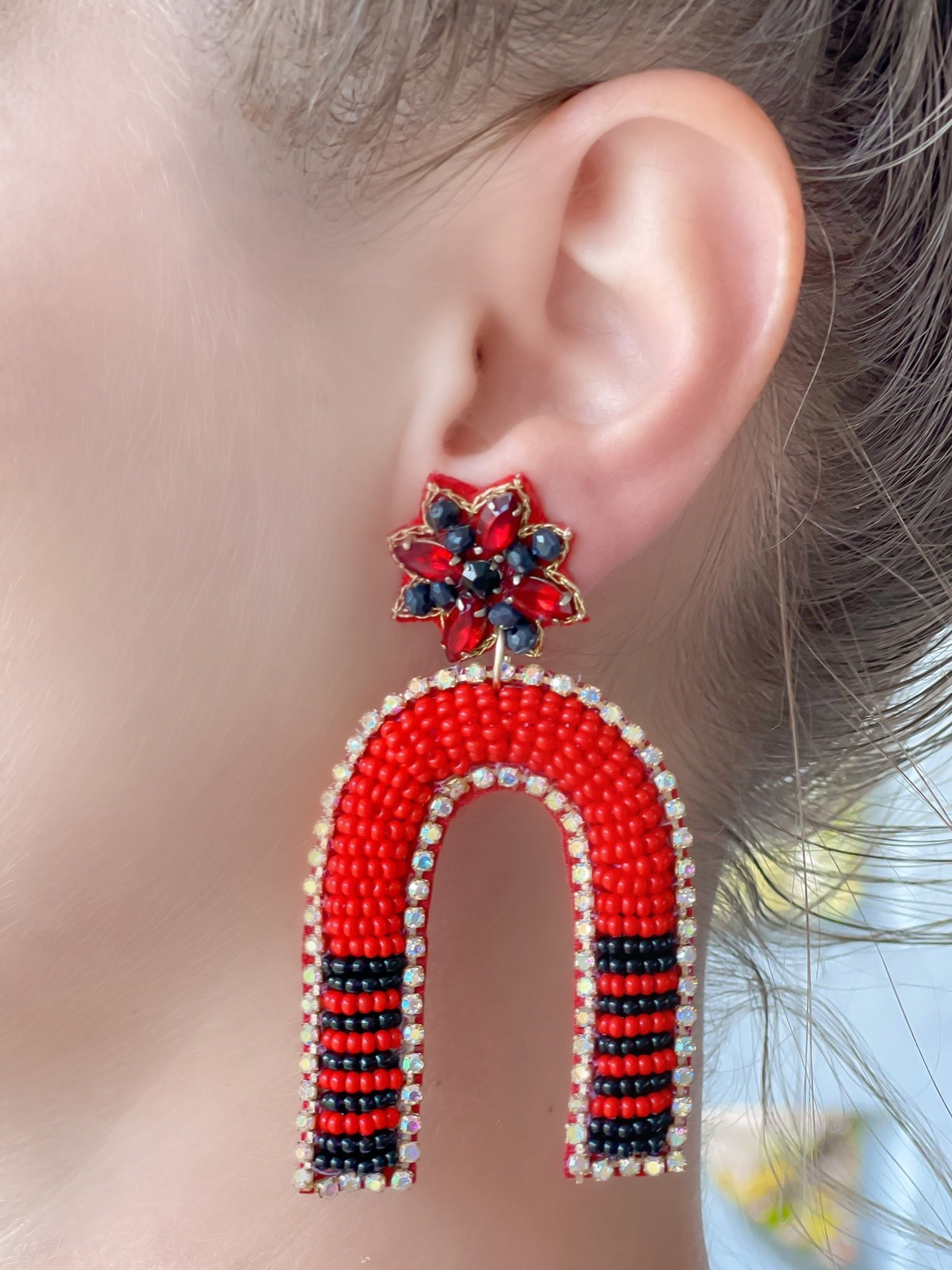 Game Day Beaded Arch Dangle Earrings - Red & Black