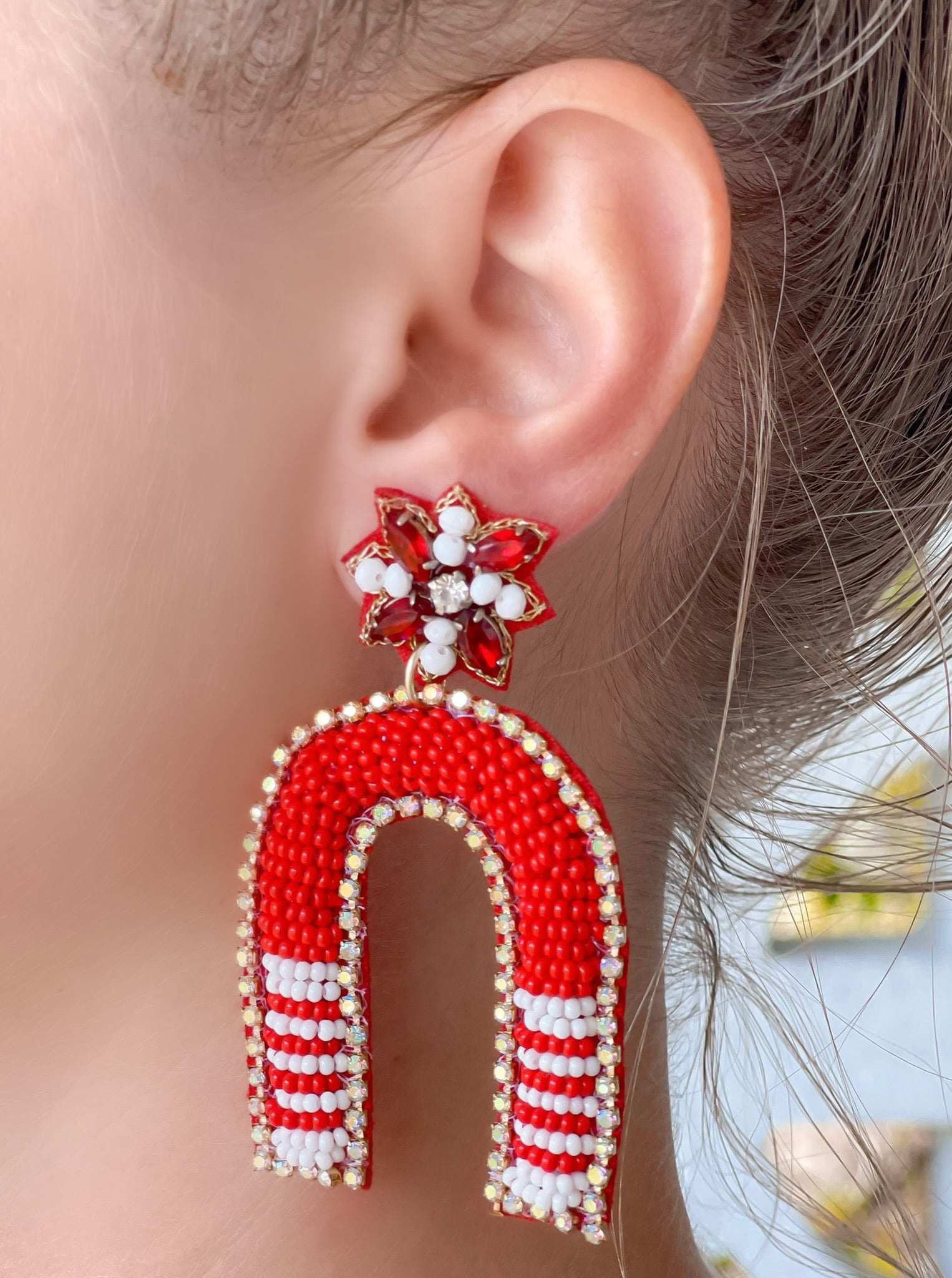 Game Day Beaded Arch Dangle Earrings - Red & White