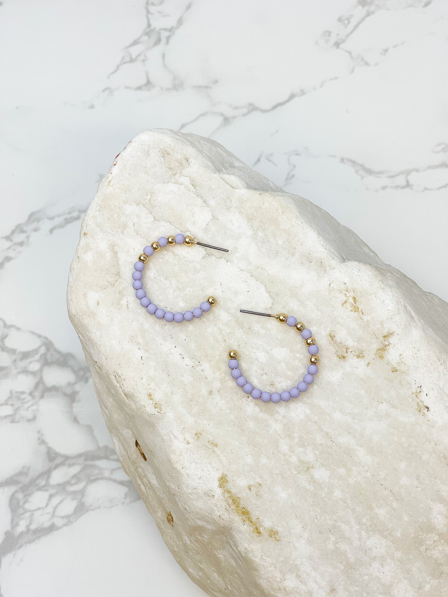 Lavender & Gold Bead Hoop Earrings