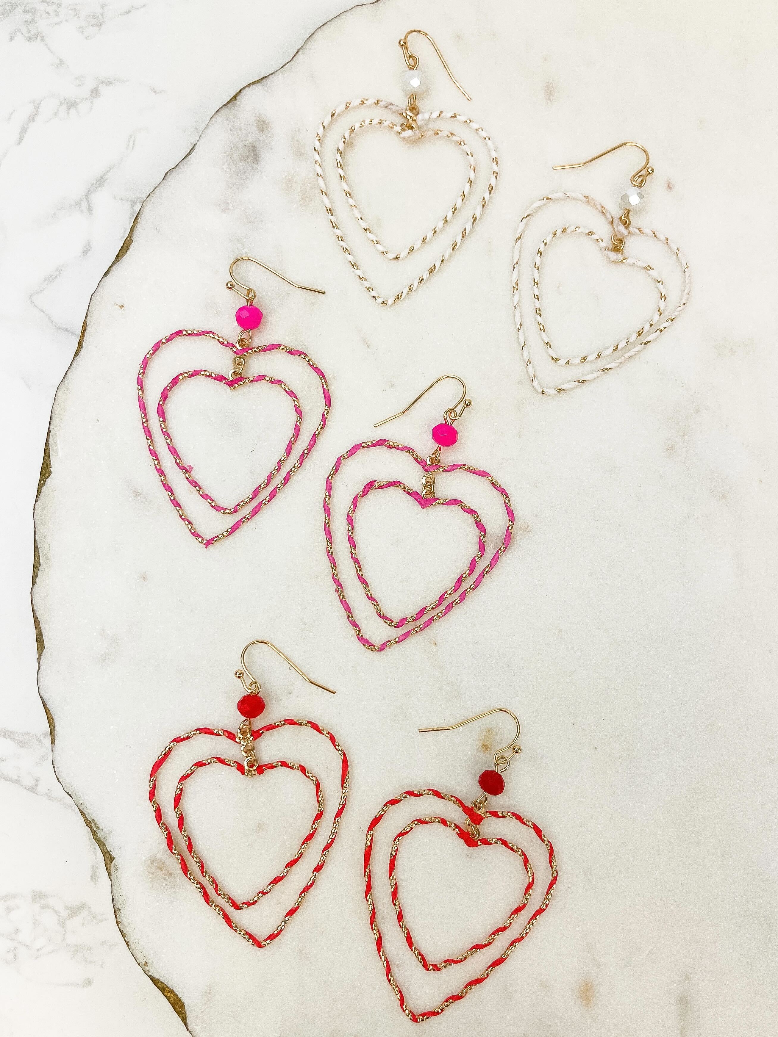 Wrapped Double Heart Dangle Earrings - Pink