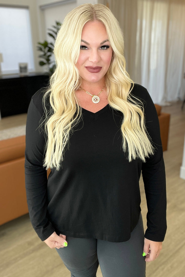 Relaxed Fit Long Sleeve V-Neck Top in Black (Ships in 1-2 Weeks) - 9/13