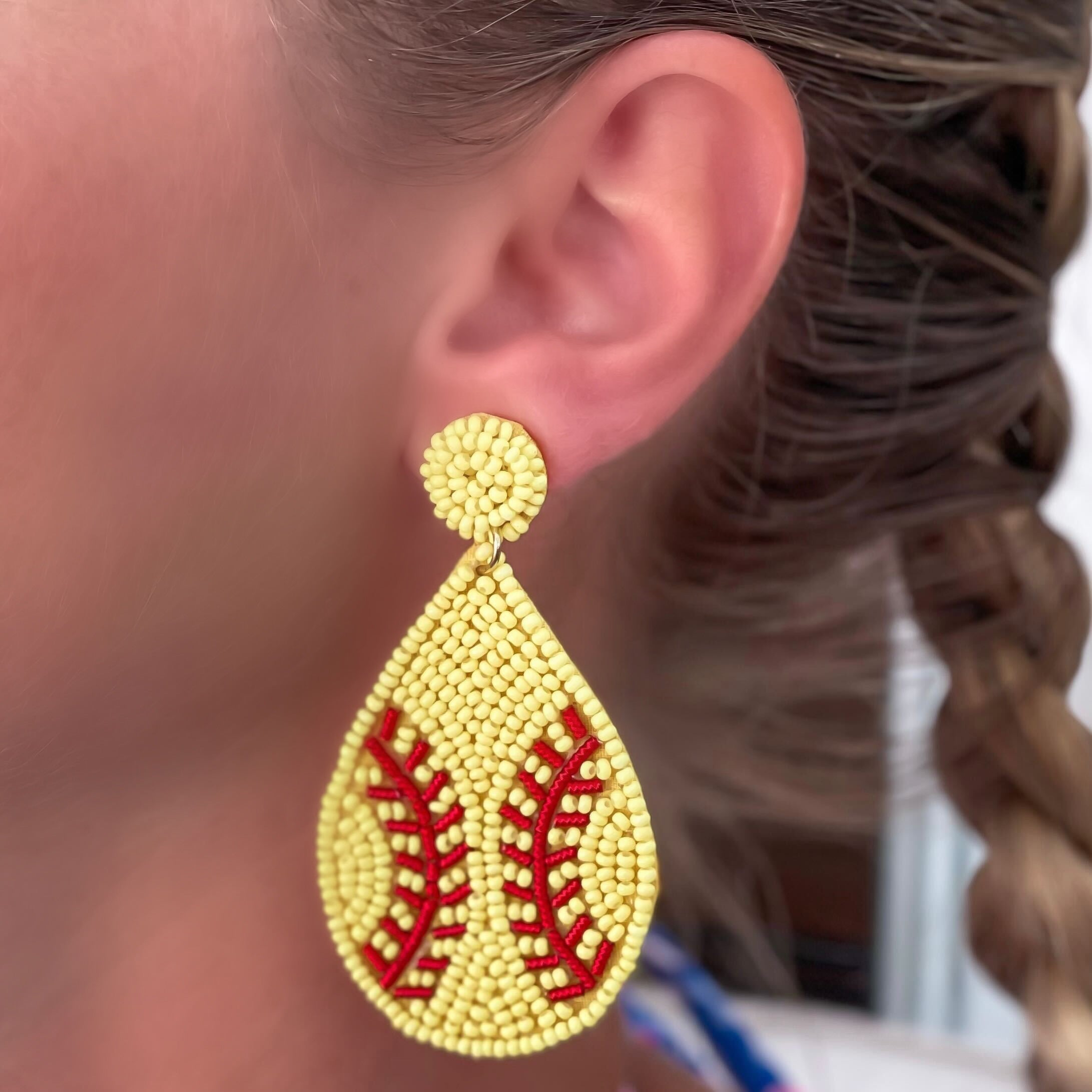 Teardrop Beaded Softball Dangle Earrings