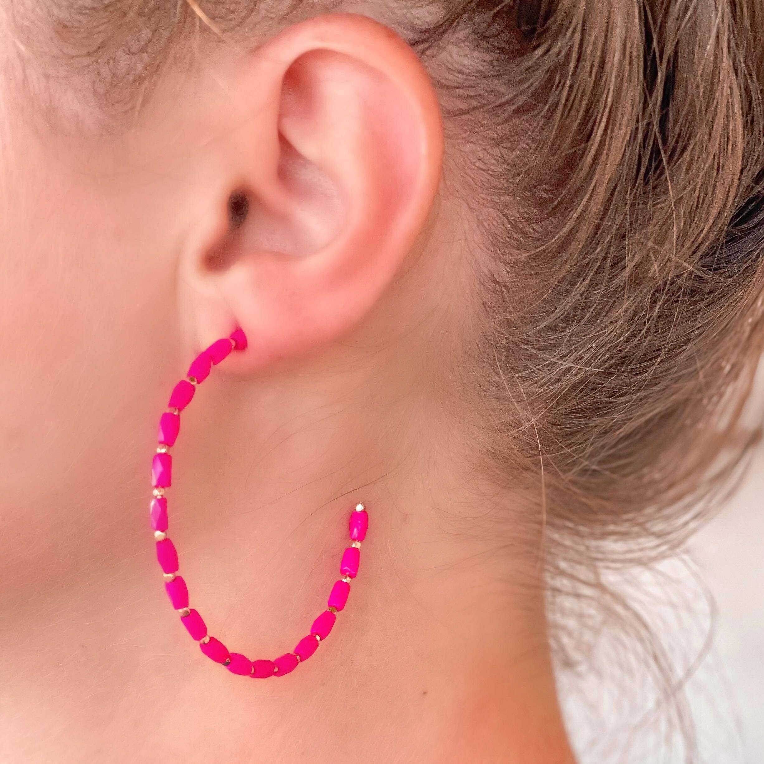 Beaded Gold Skinny Open Hoop Earrings - Pink