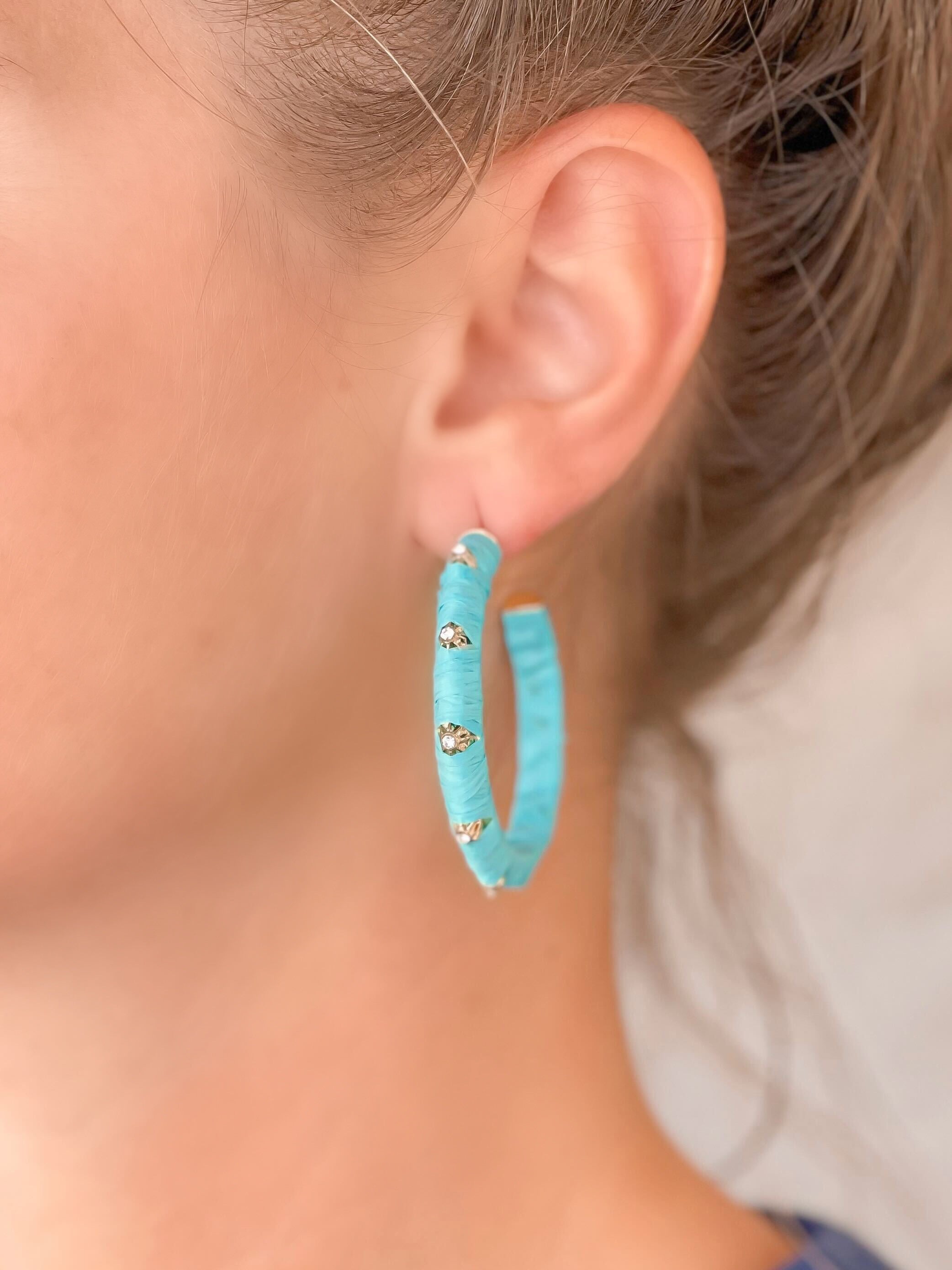 Raffia Wrapped Rhinestone Hoop Earrings - Aqua