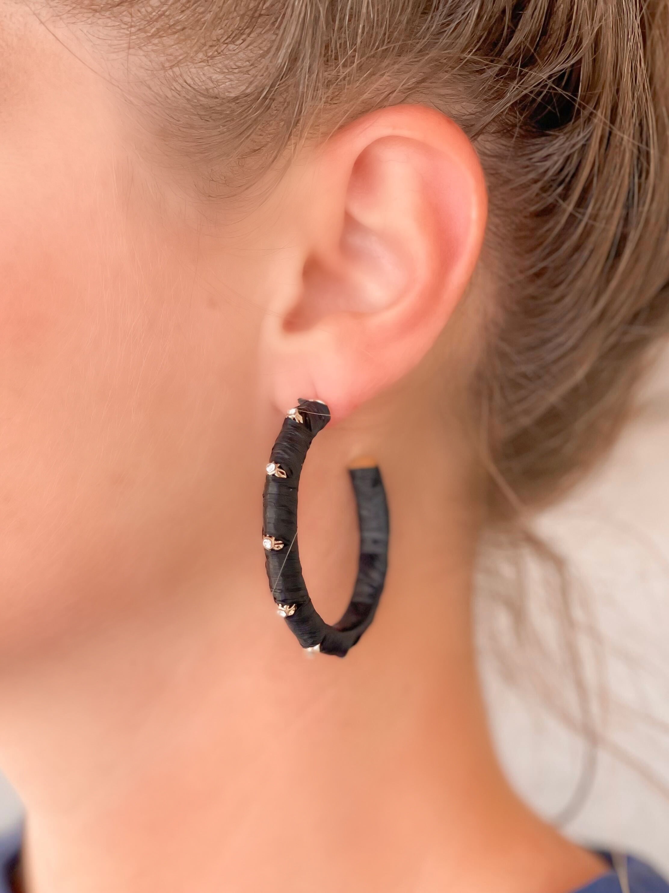 Raffia Wrapped Rhinestone Hoop Earrings - Black