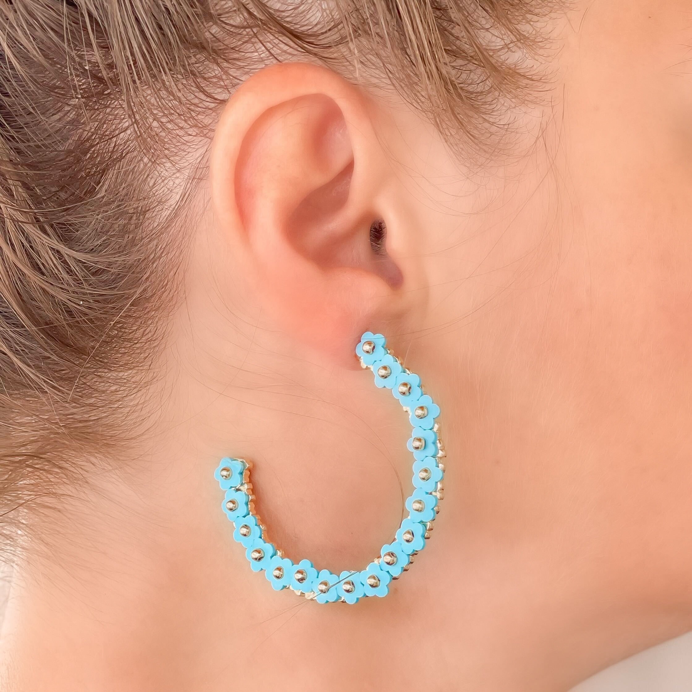 Beaded Mini Flower Lined Hoop Earrings - Aqua