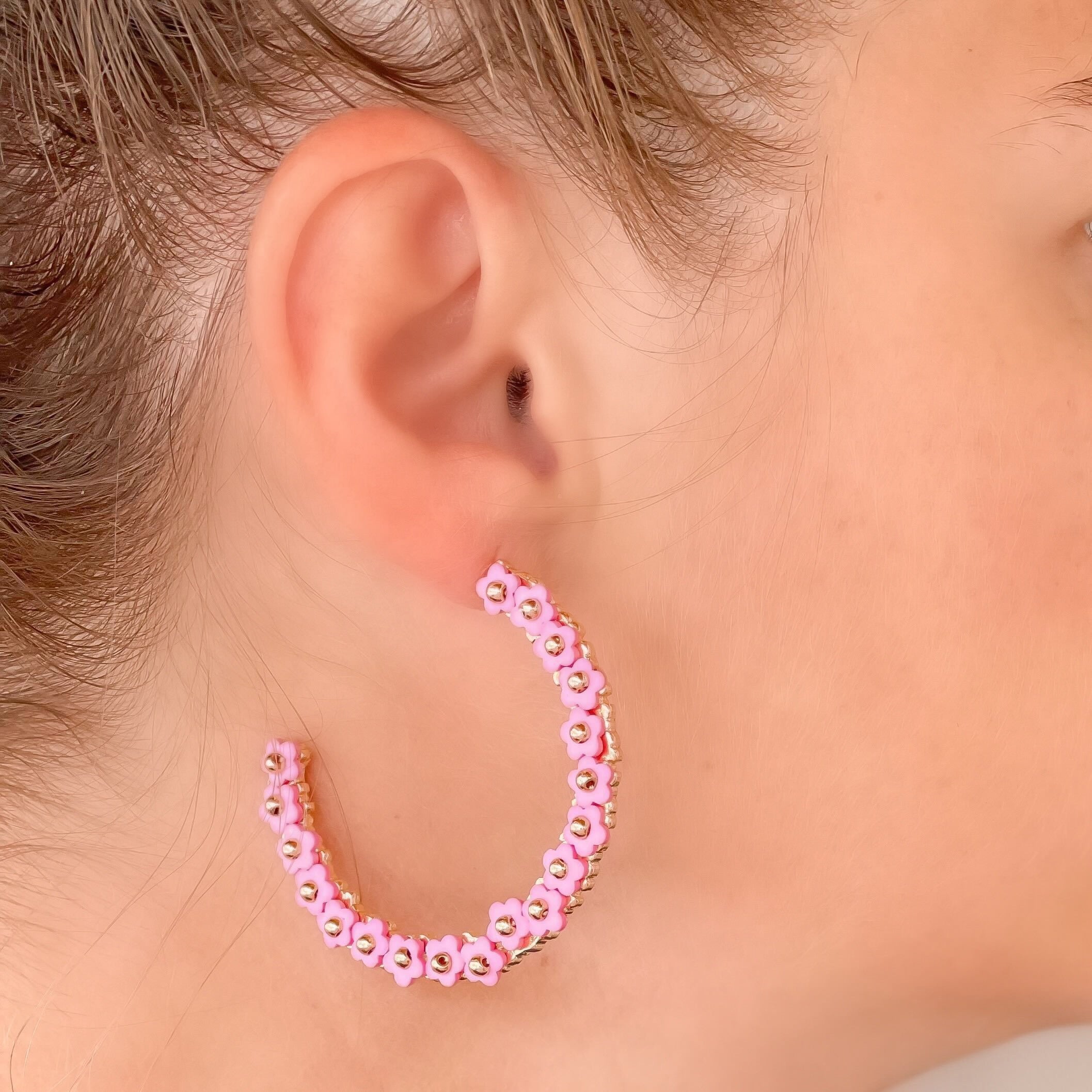 Beaded Mini Flower Lined Hoop Earrings - Pink