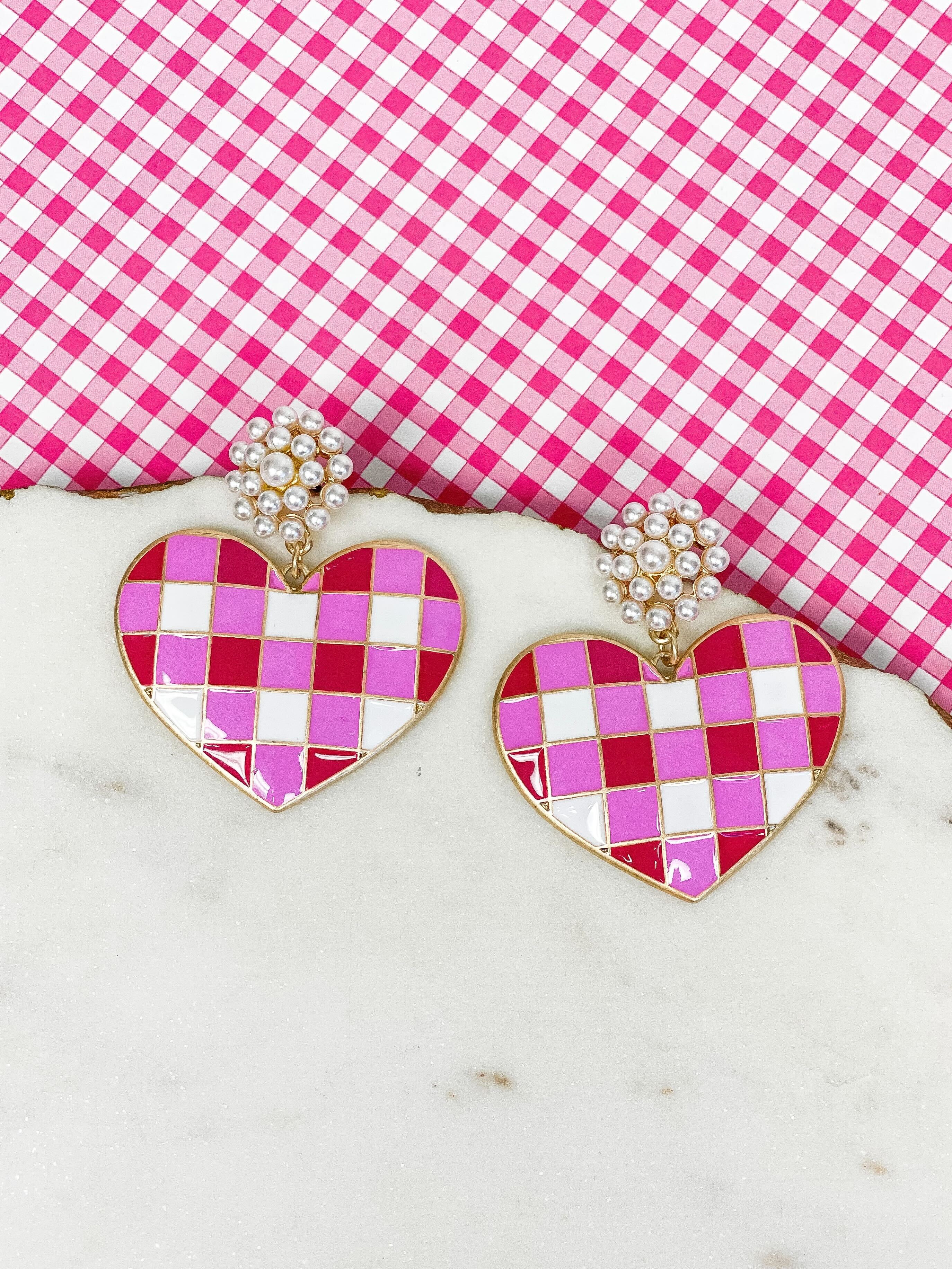 Valentine's Gingham Heart Pearl Cluster Drop Earrings