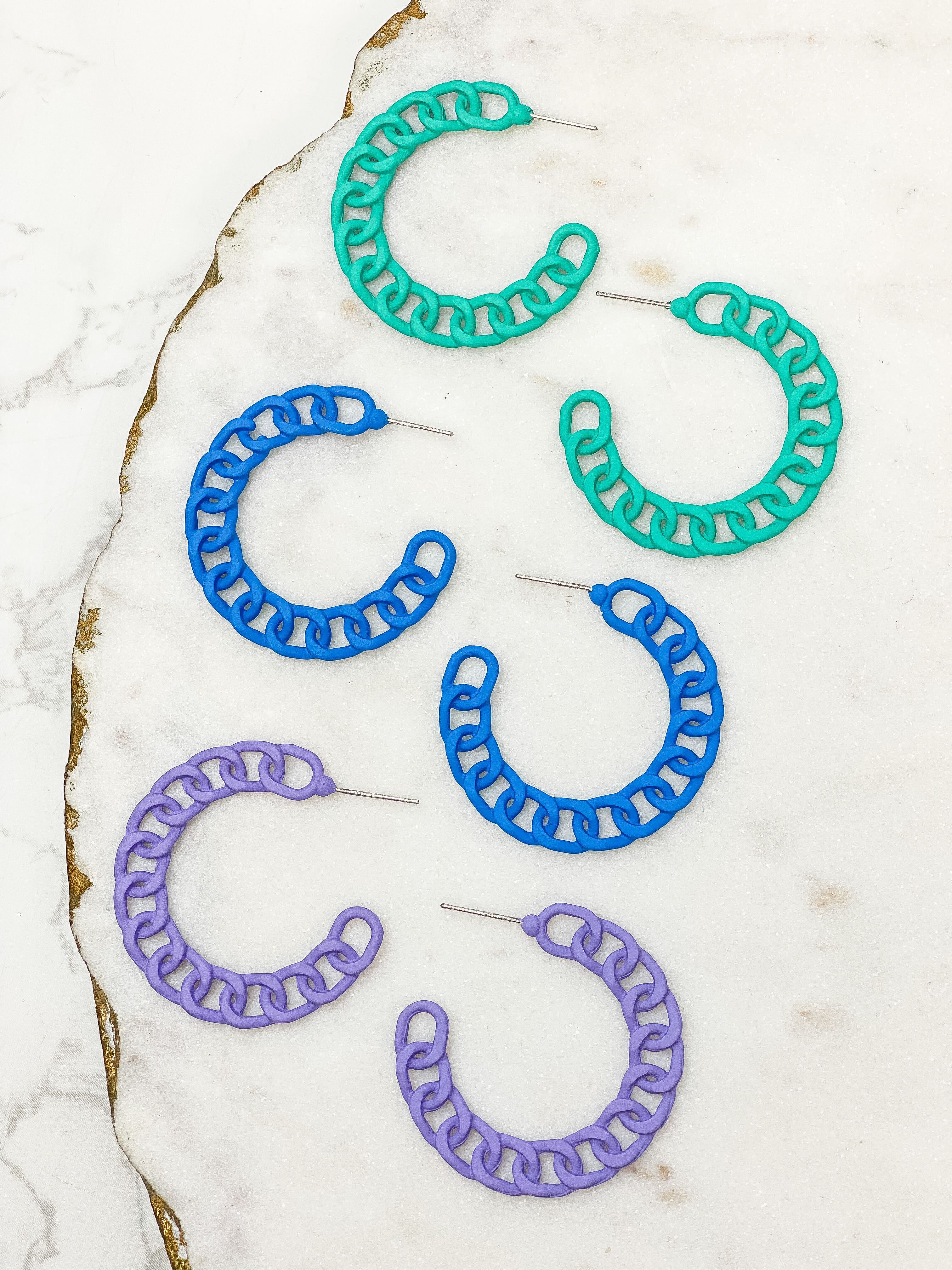Painted Metal Chain Hoop Earrings - Blue
