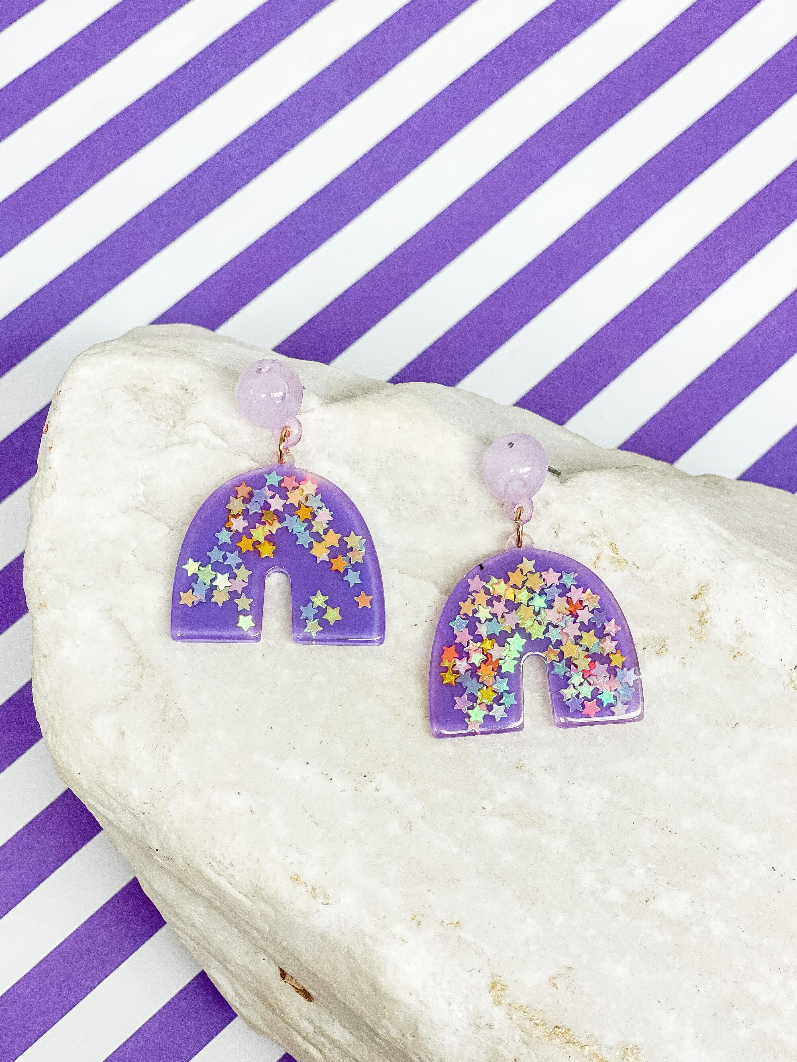 Star Confetti Rainbow Dangle Earrings - Purple