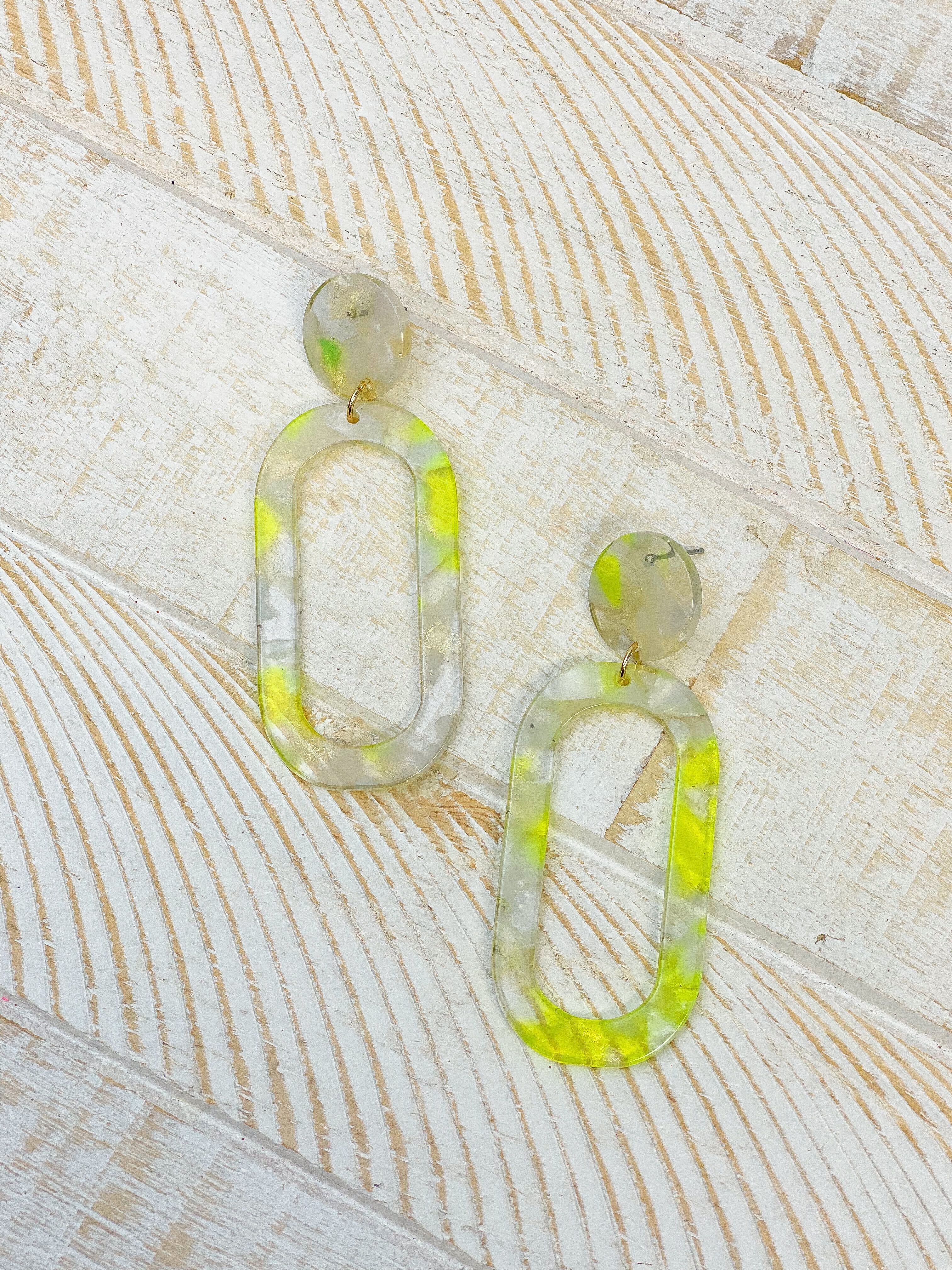 Marbled Acrylic Neon Oval Dangle Earrings - Yellow
