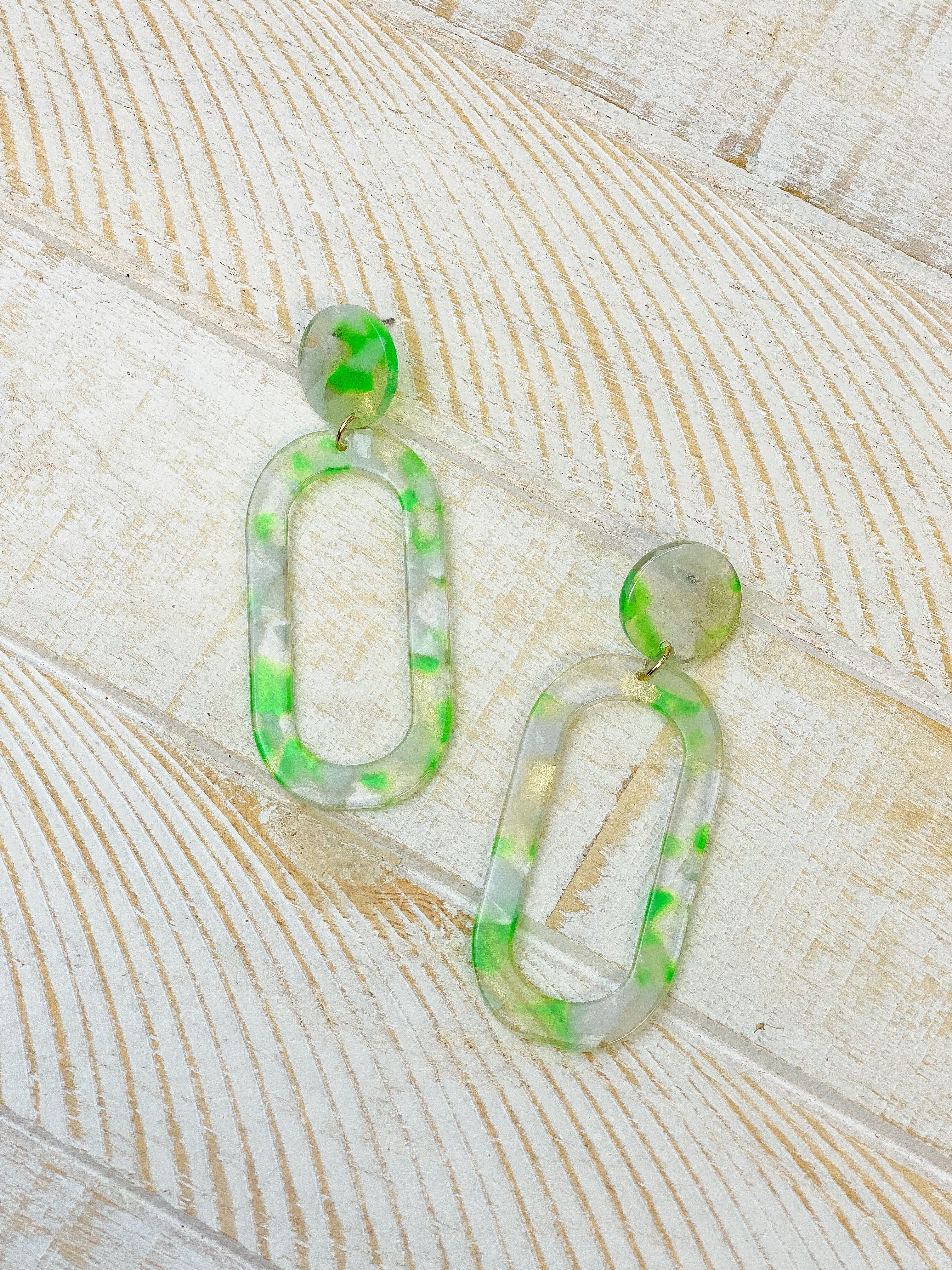 Marbled Acrylic Neon Oval Dangle Earrings - Green