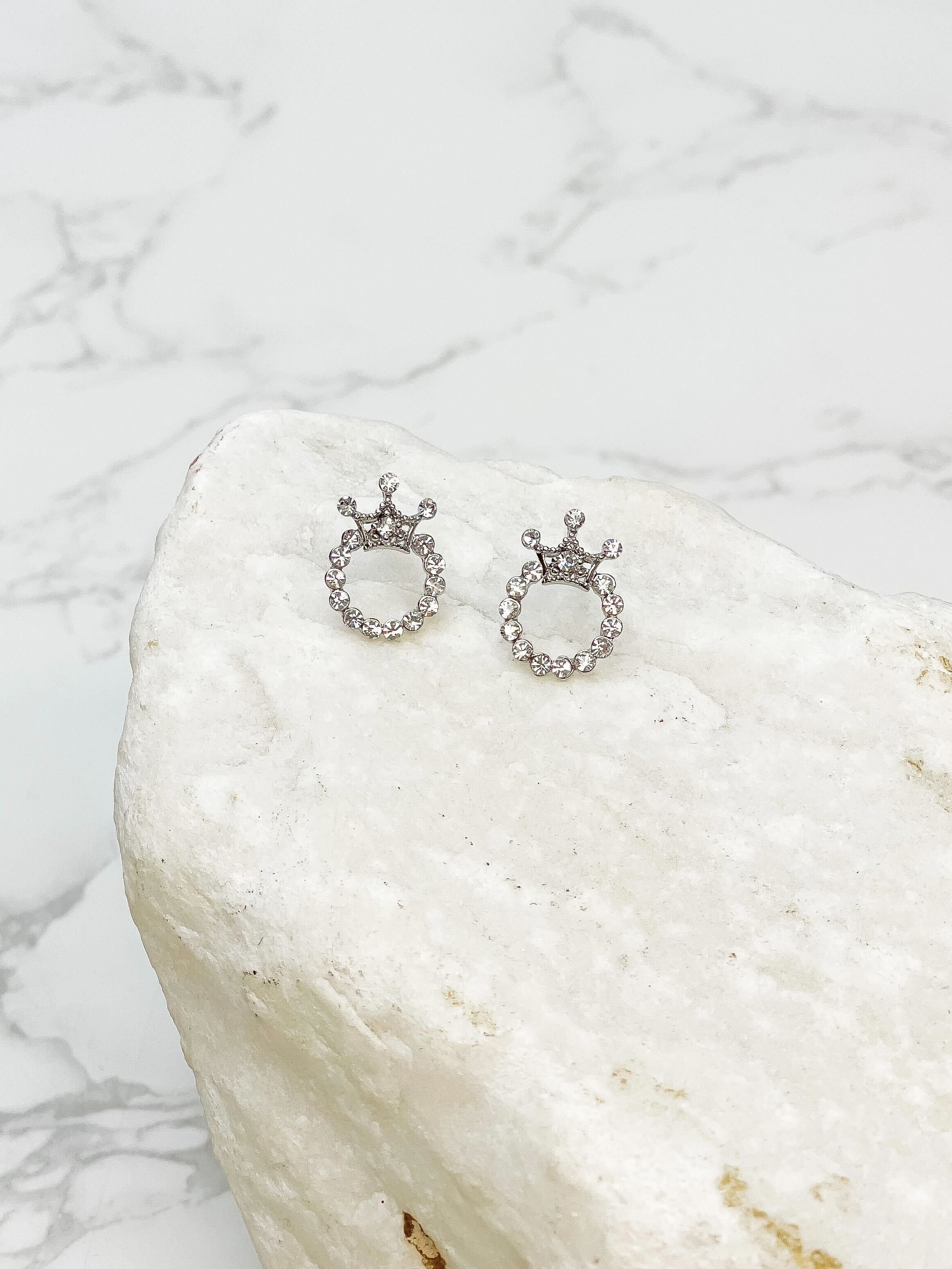 Crystal Crown Stud Earrings - Silver