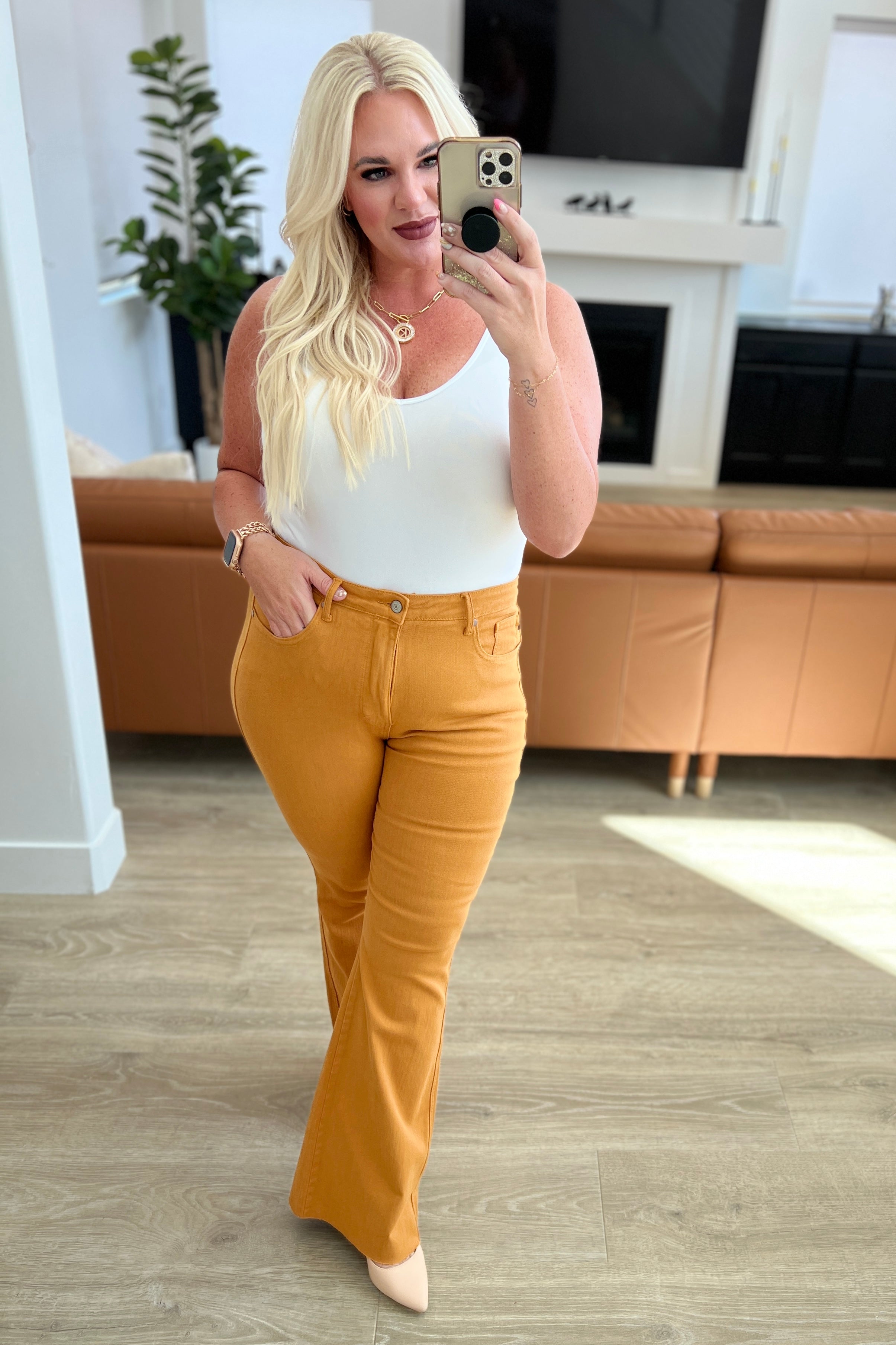 Melinda High Rise Control Top Flare Jeans in Marigold by Judy Blue