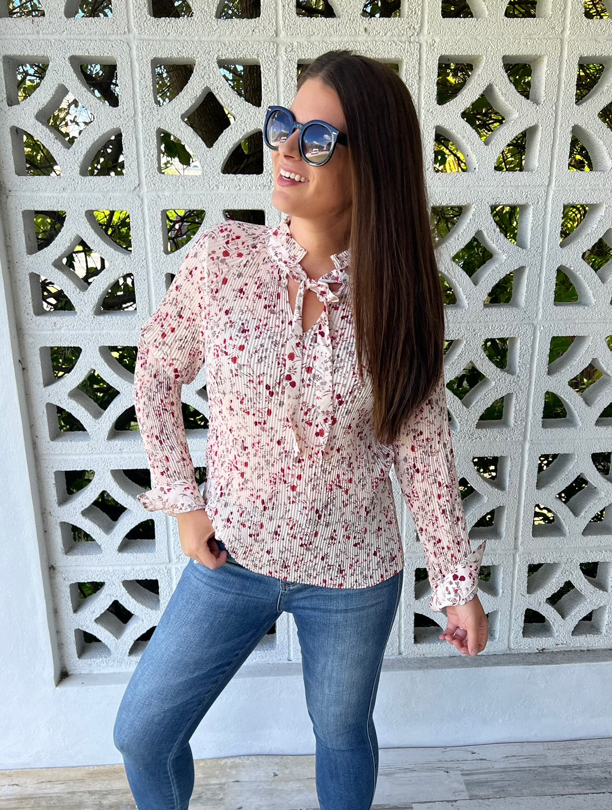 Stella Notched Neck Floral Long Sleeve Blouse