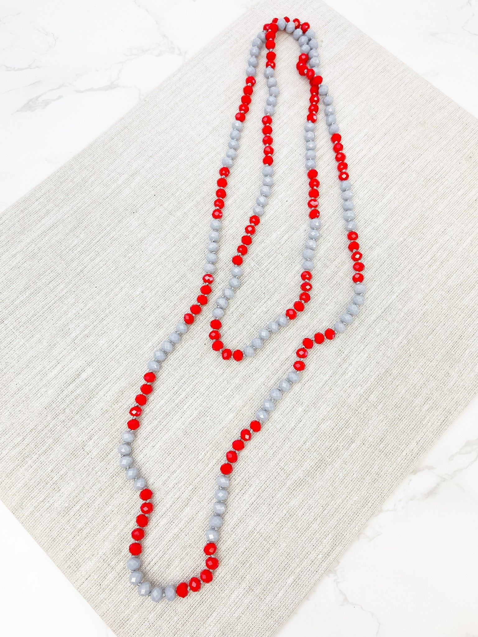 Endless Beaded Long Necklace - Red & Grey