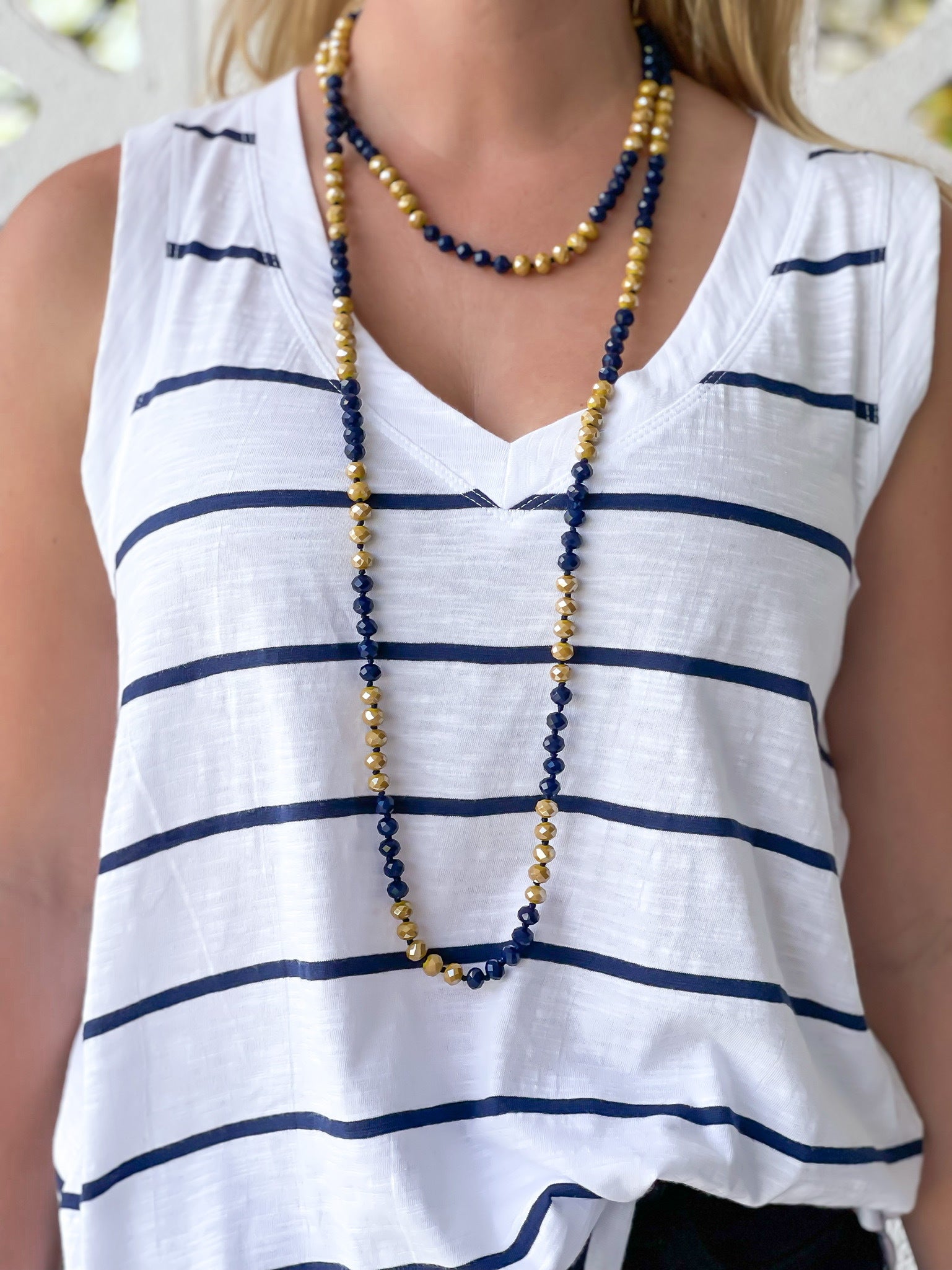 Endless Beaded Long Necklace - Navy Blue & Gold