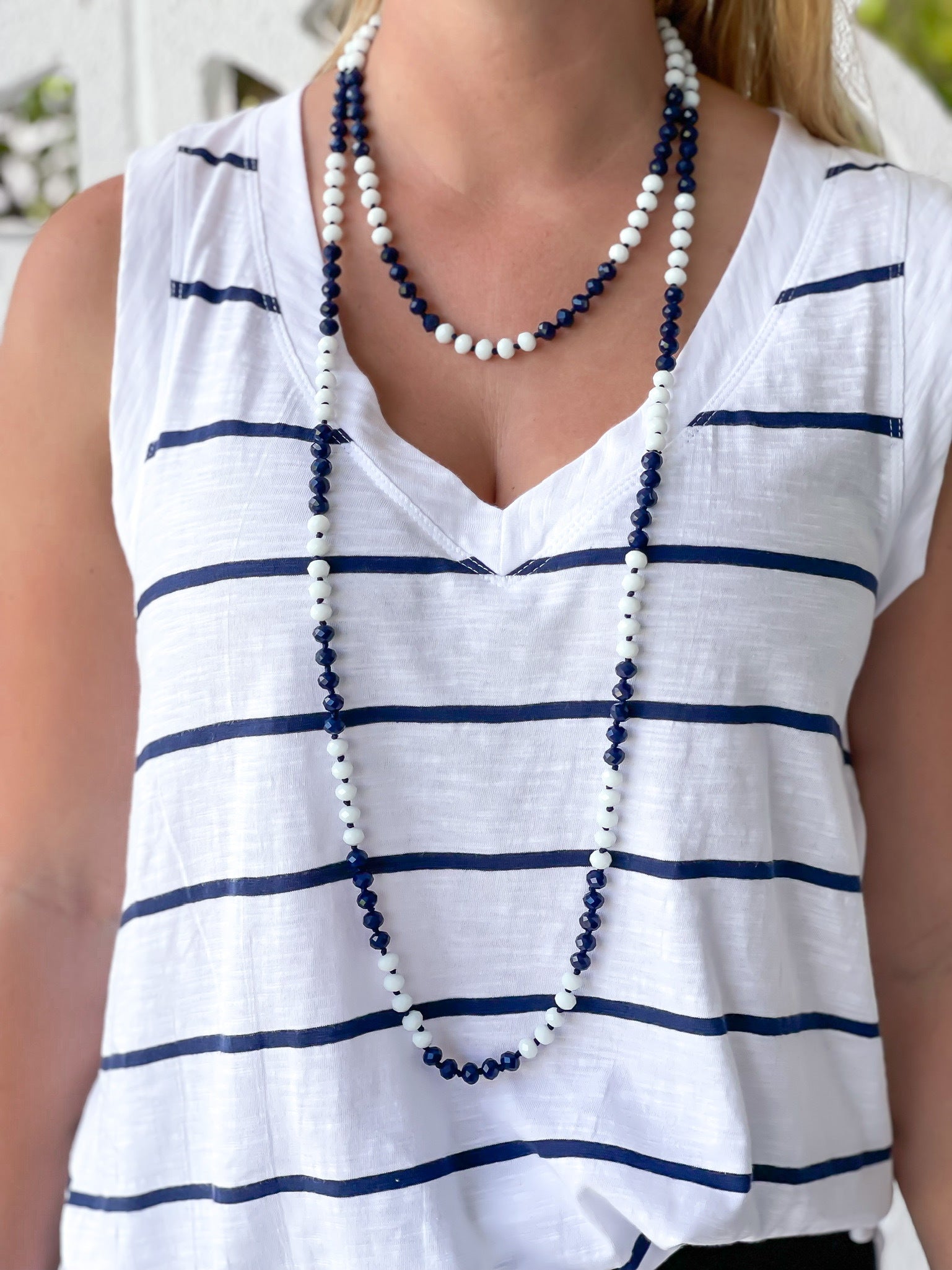 Endless Beaded Long Necklace - Navy Blue & White