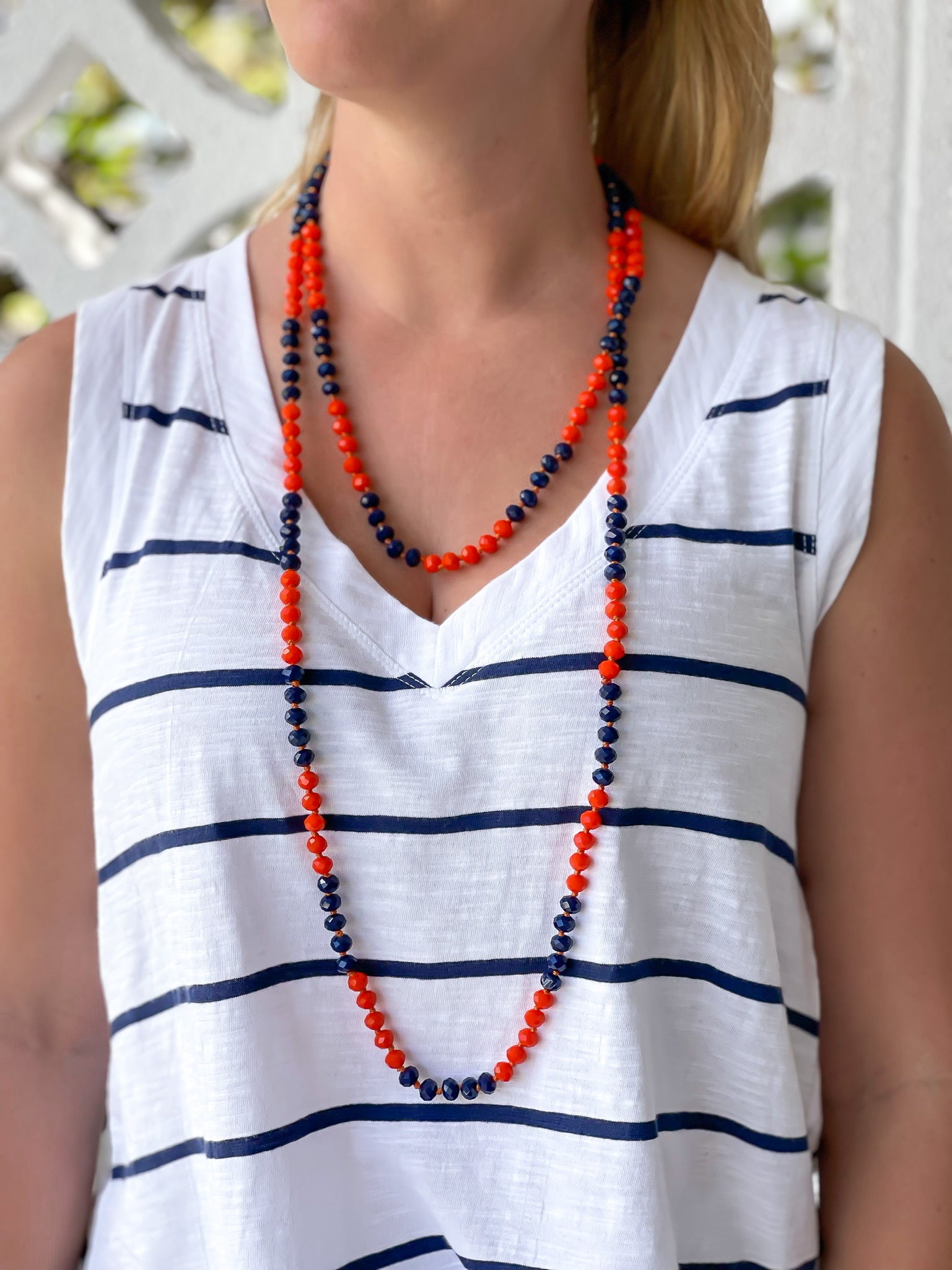 Endless Beaded Long Necklace - Orange & Navy Blue