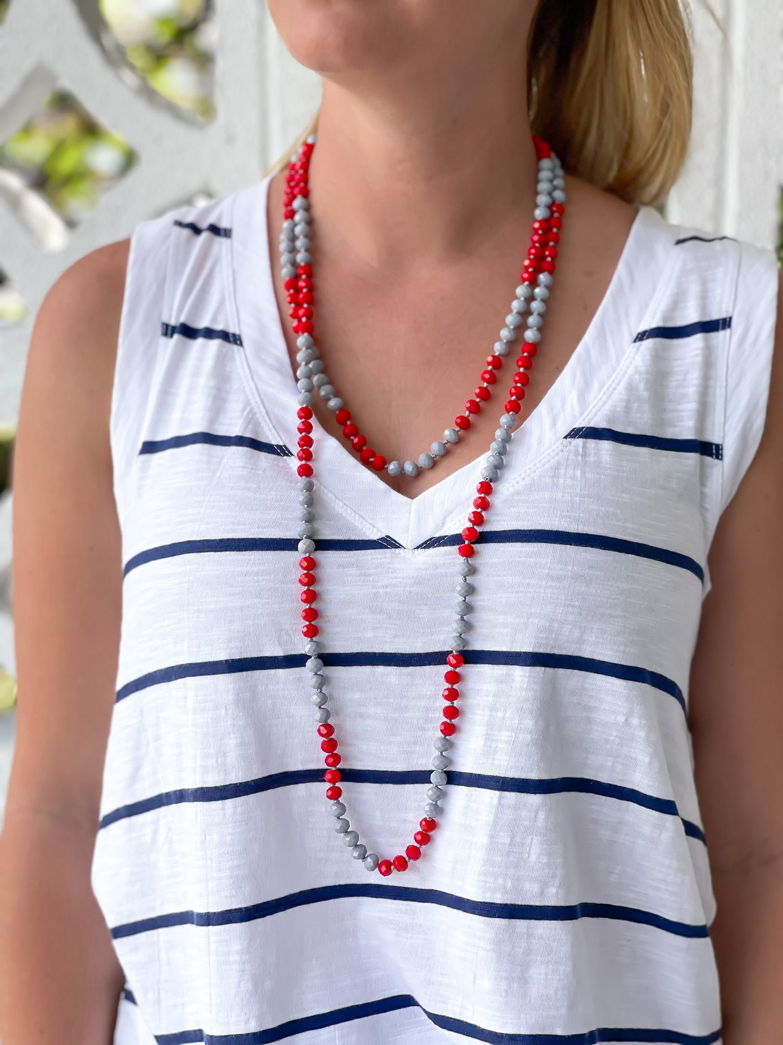 Endless Beaded Long Necklace - Red & Grey
