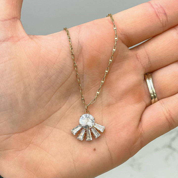Rhinestone Half-Circle Ray Pendant Necklace - Gold