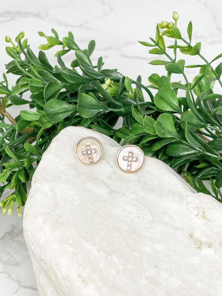 Crystal Zirconia Cross Pearlescent Button Studs