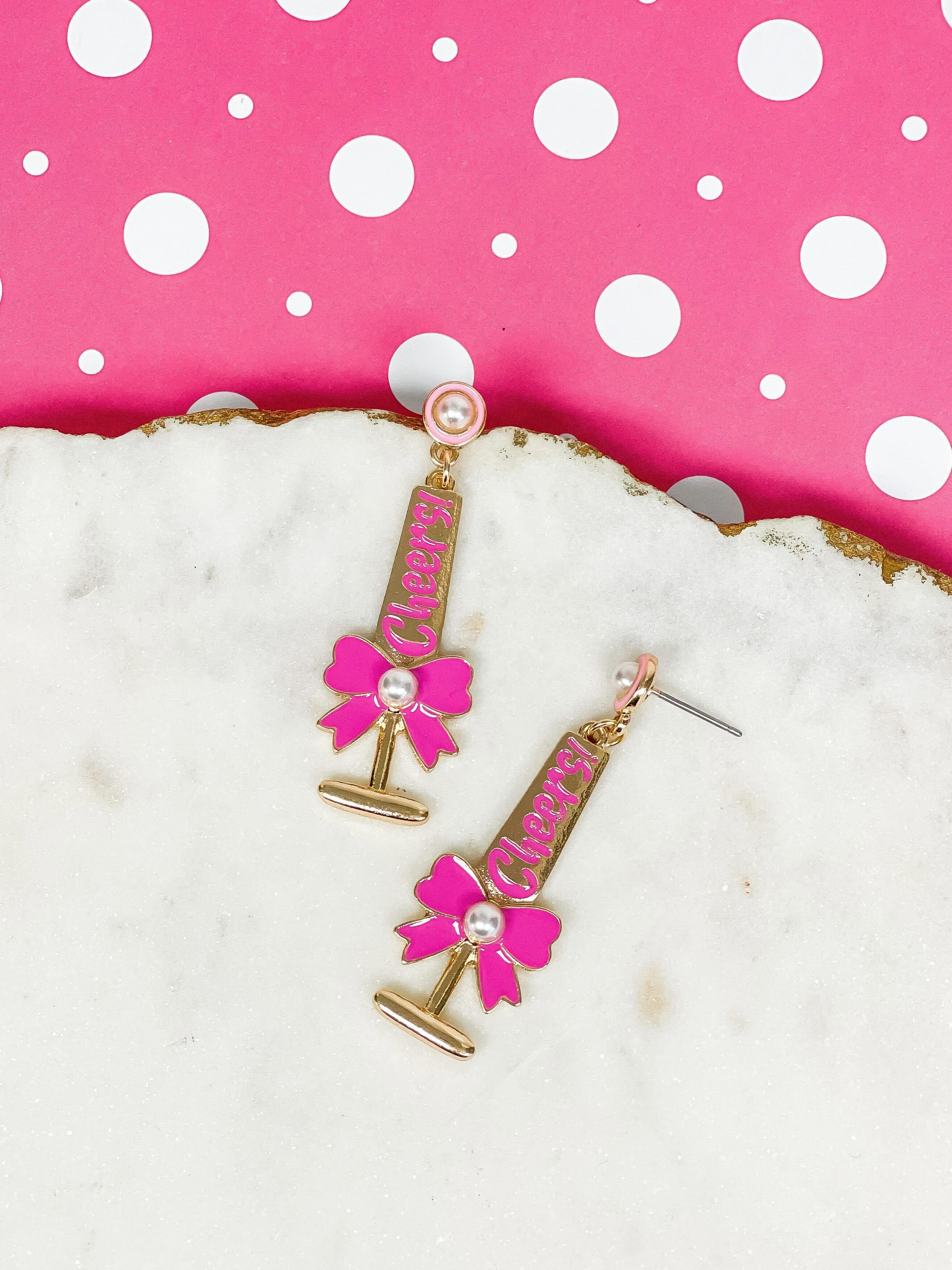 'Cheers!' Pearl Detail Champagne Flute Dangles - Pink
